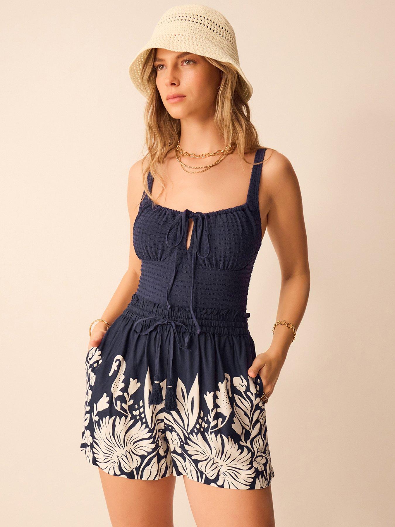 Accessorize Floral Print High Waist Shorts - Blue
