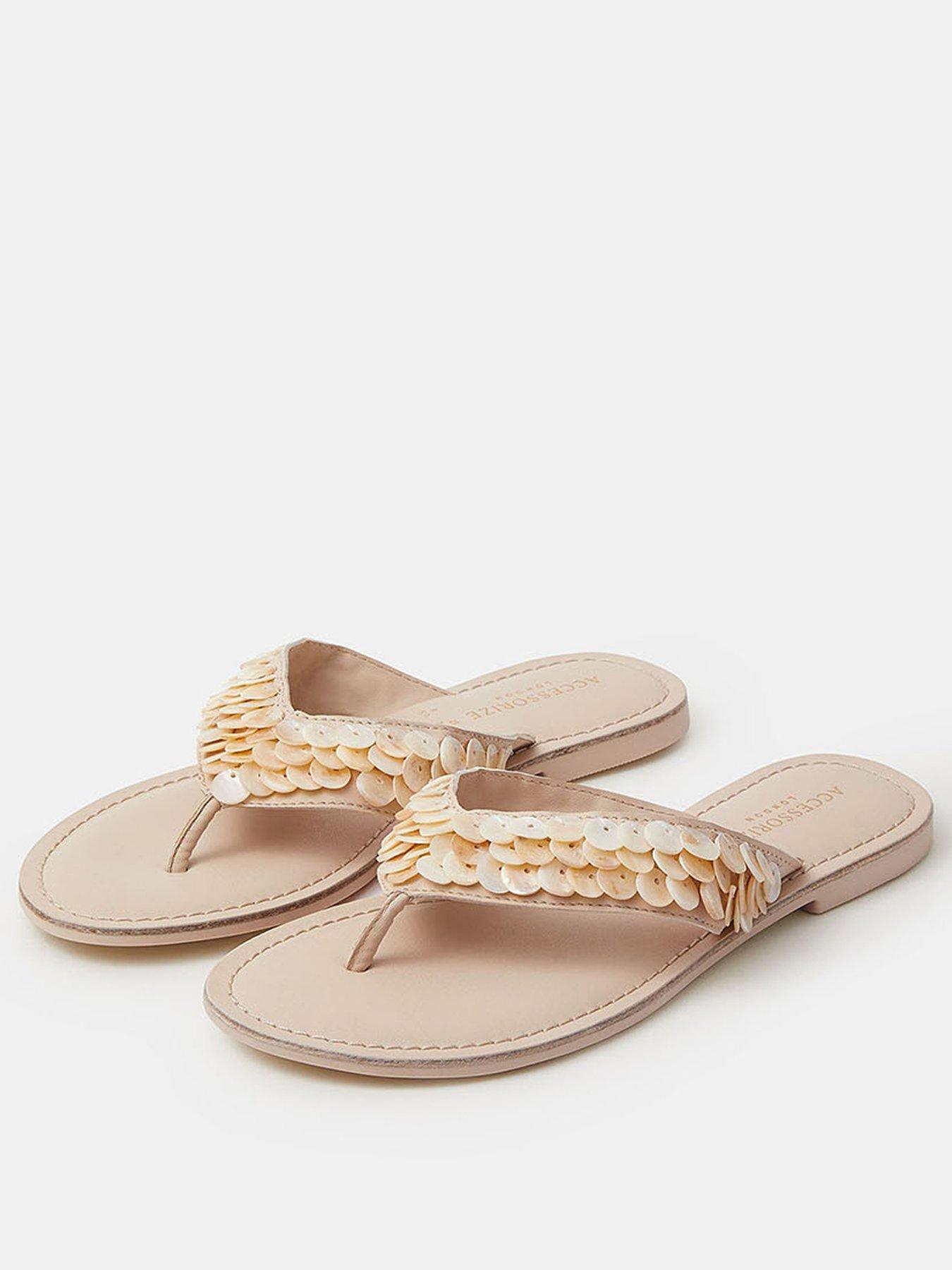 Image 2 of 4 of Accessorize Mother of Pearl Embellished Flip Flops - Cream