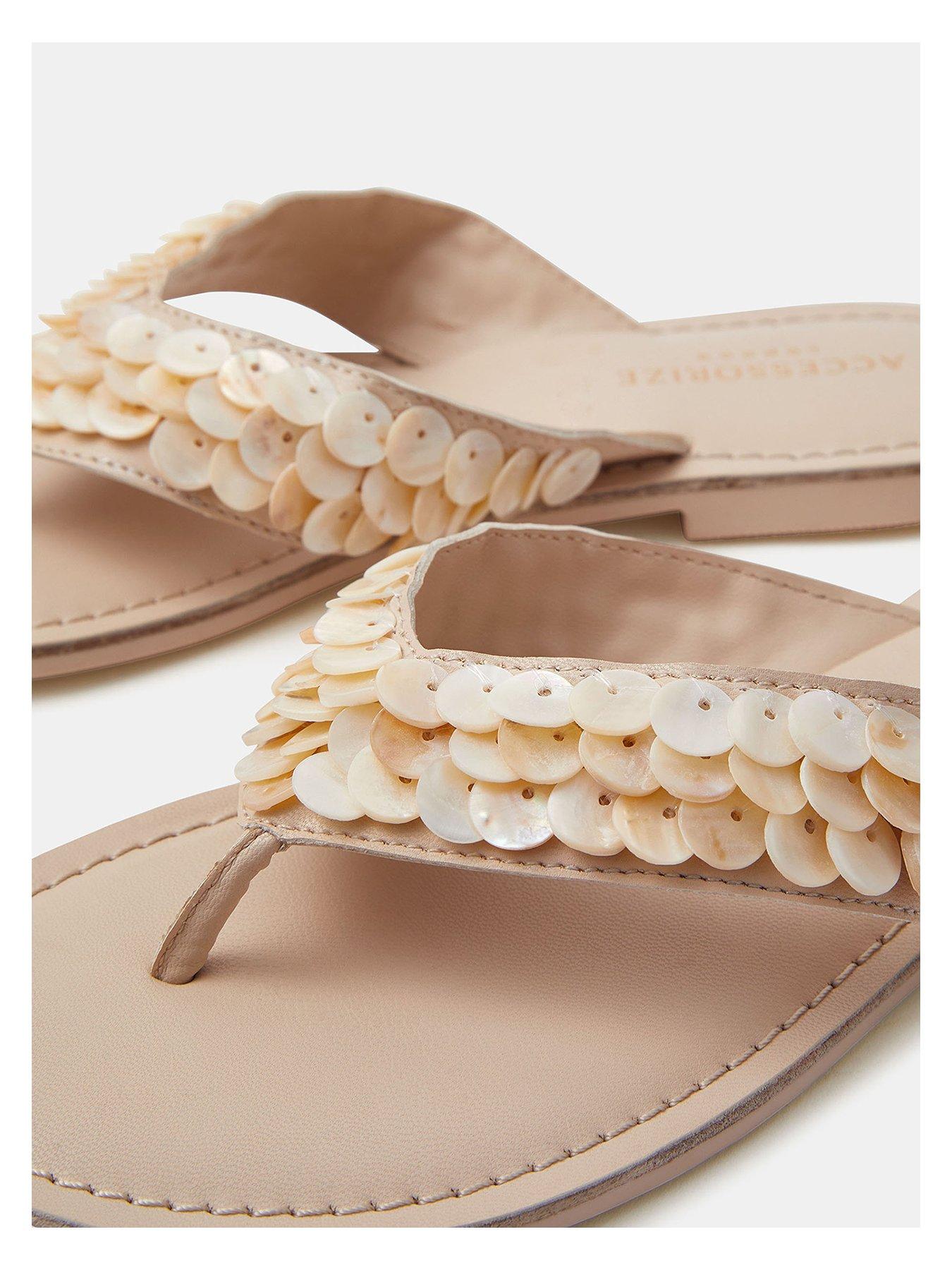 Image 3 of 4 of Accessorize Mother of Pearl Embellished Flip Flops - Cream