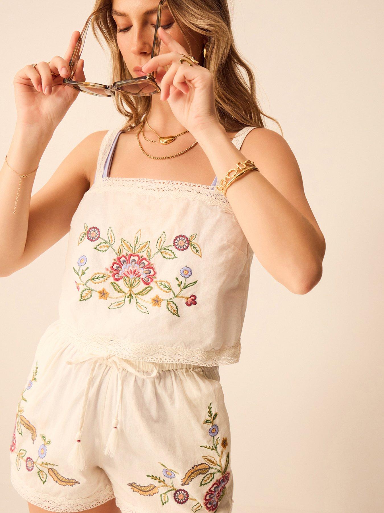 Accessorize Floral Embroidered Lace Trim Cami Top - Cream