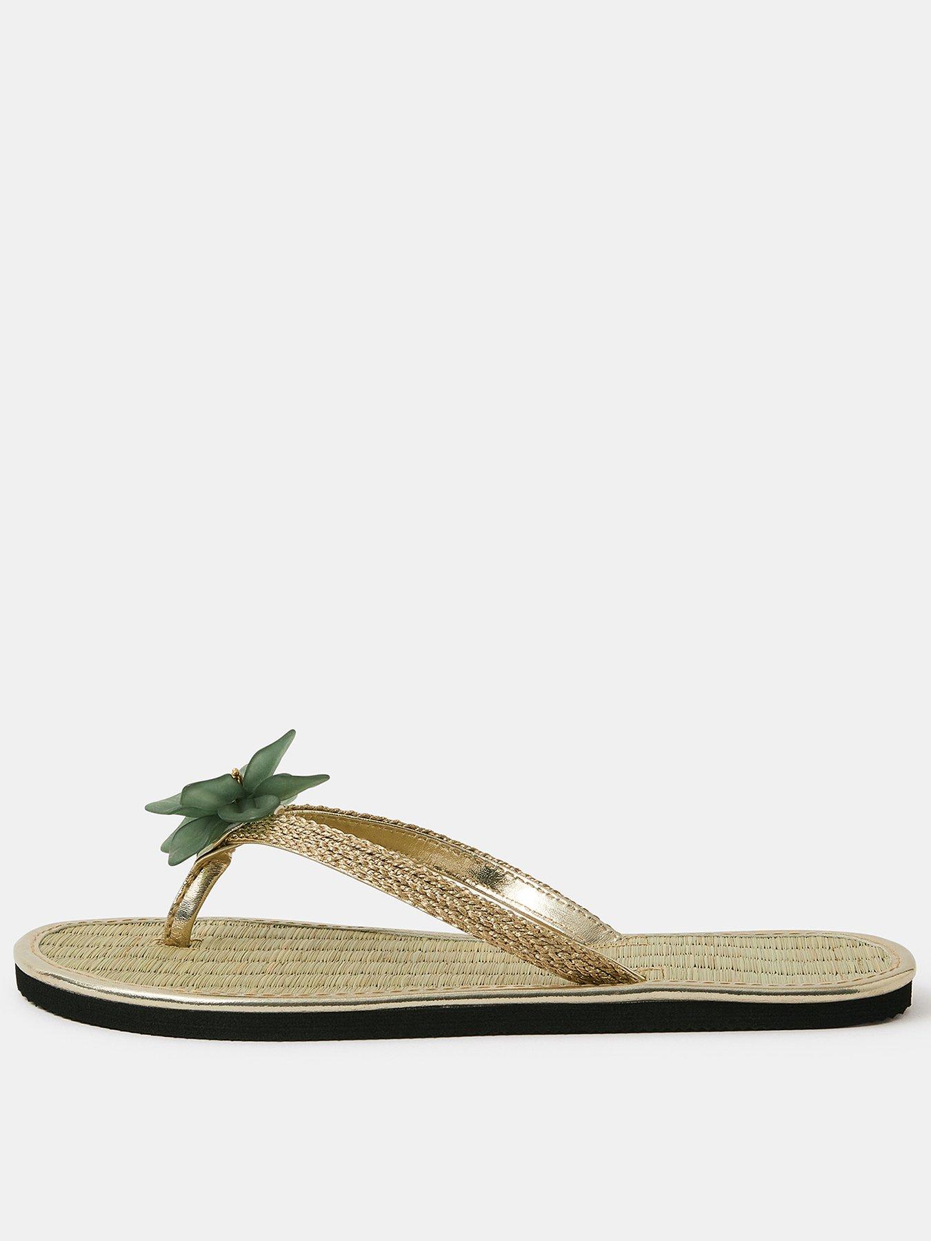 Accessorize Flower Metallic Seagrass Flip Flops - Green/Gold