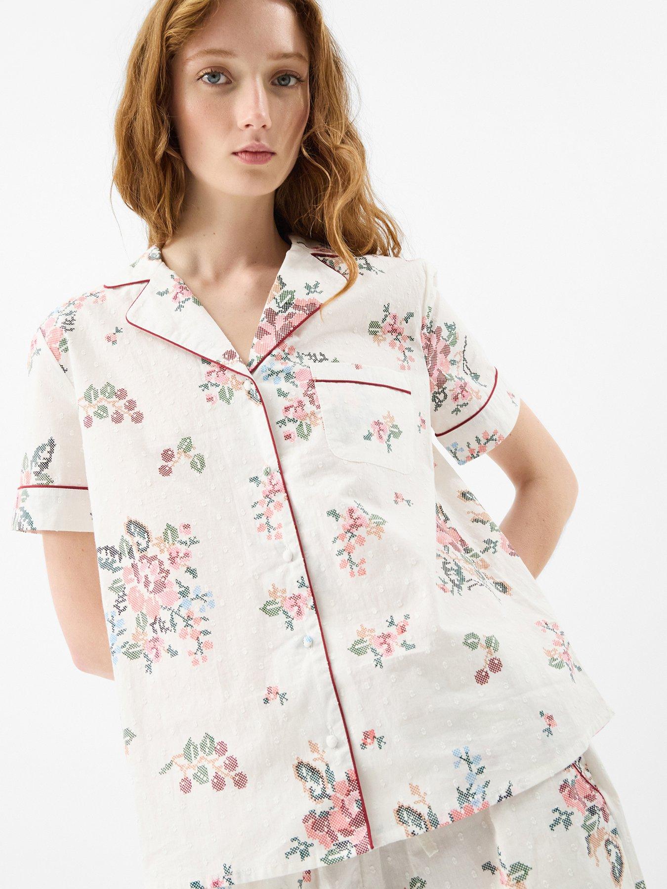 Accessorize Floral Print Cotton Shorts Pyjamas Set - Cream