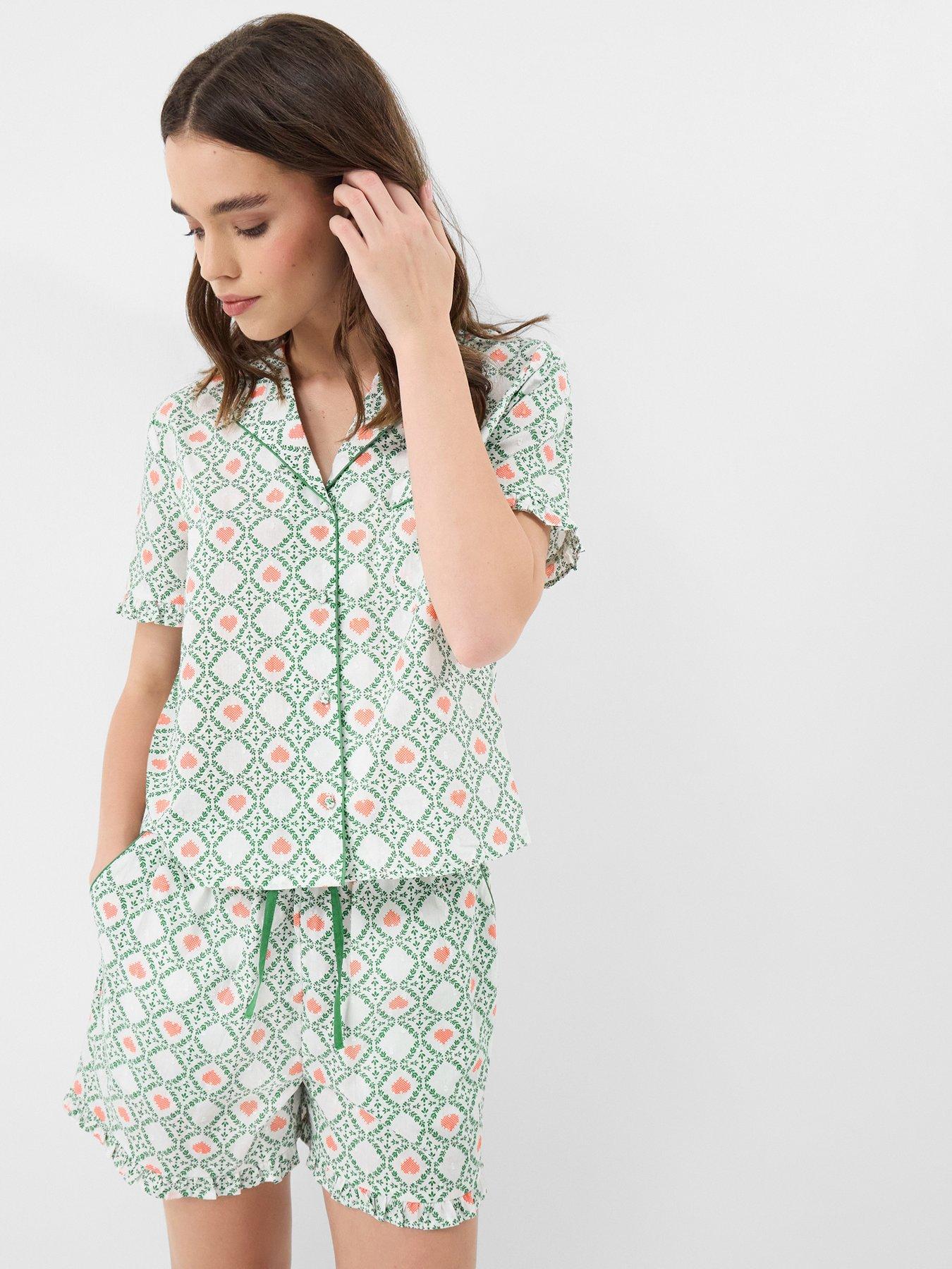 Accessorize Heart Print Ruffle Shorts Pyjama Set - Cream  &  Green