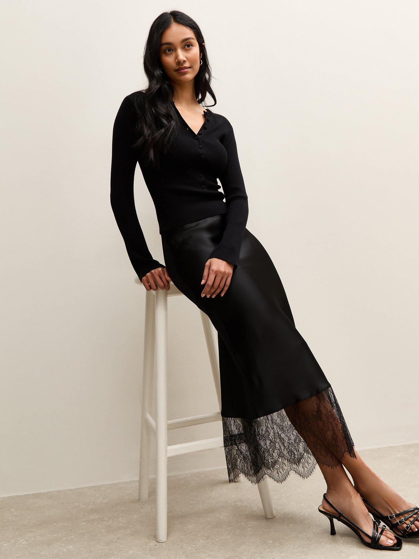 New Look Satin Lace Hem Bias Cut Midi Skirt - Black