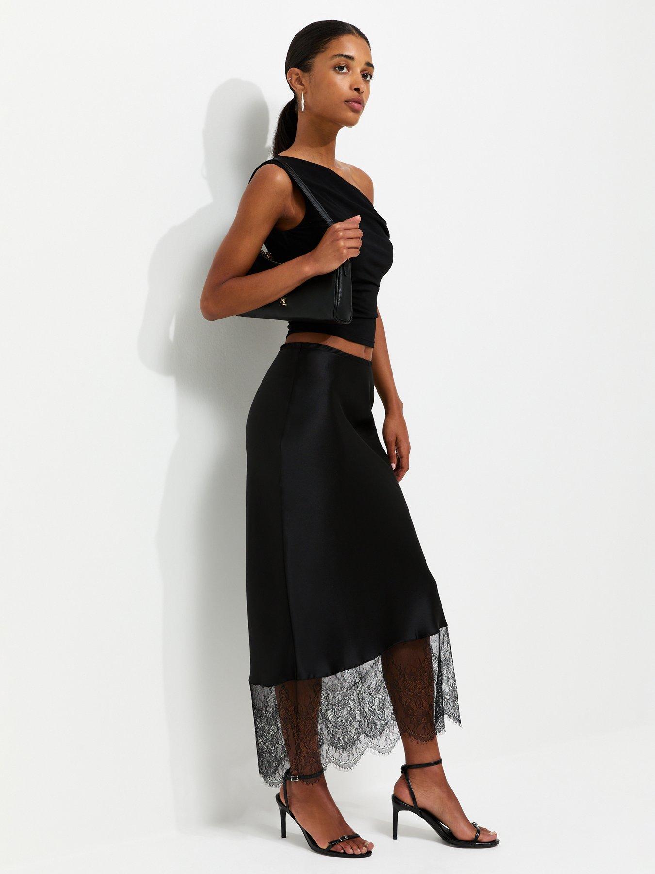 New Look Satin Lace Hem Bias Cut Midi Skirt - Black