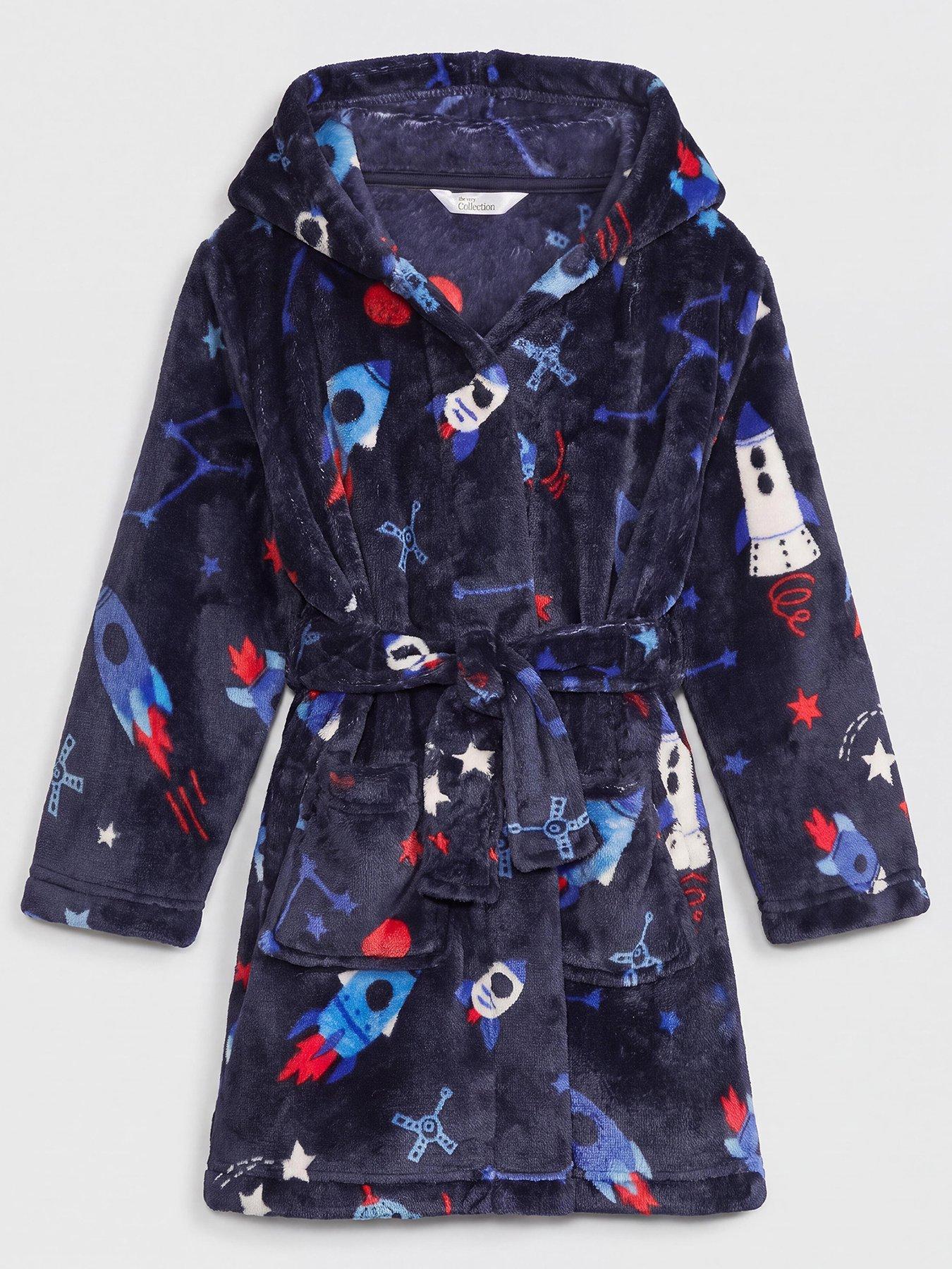 Image 1 of 3 of The Very Collection Boys Space Fleece Hooded Tie Belt Dressing Gown - Navy