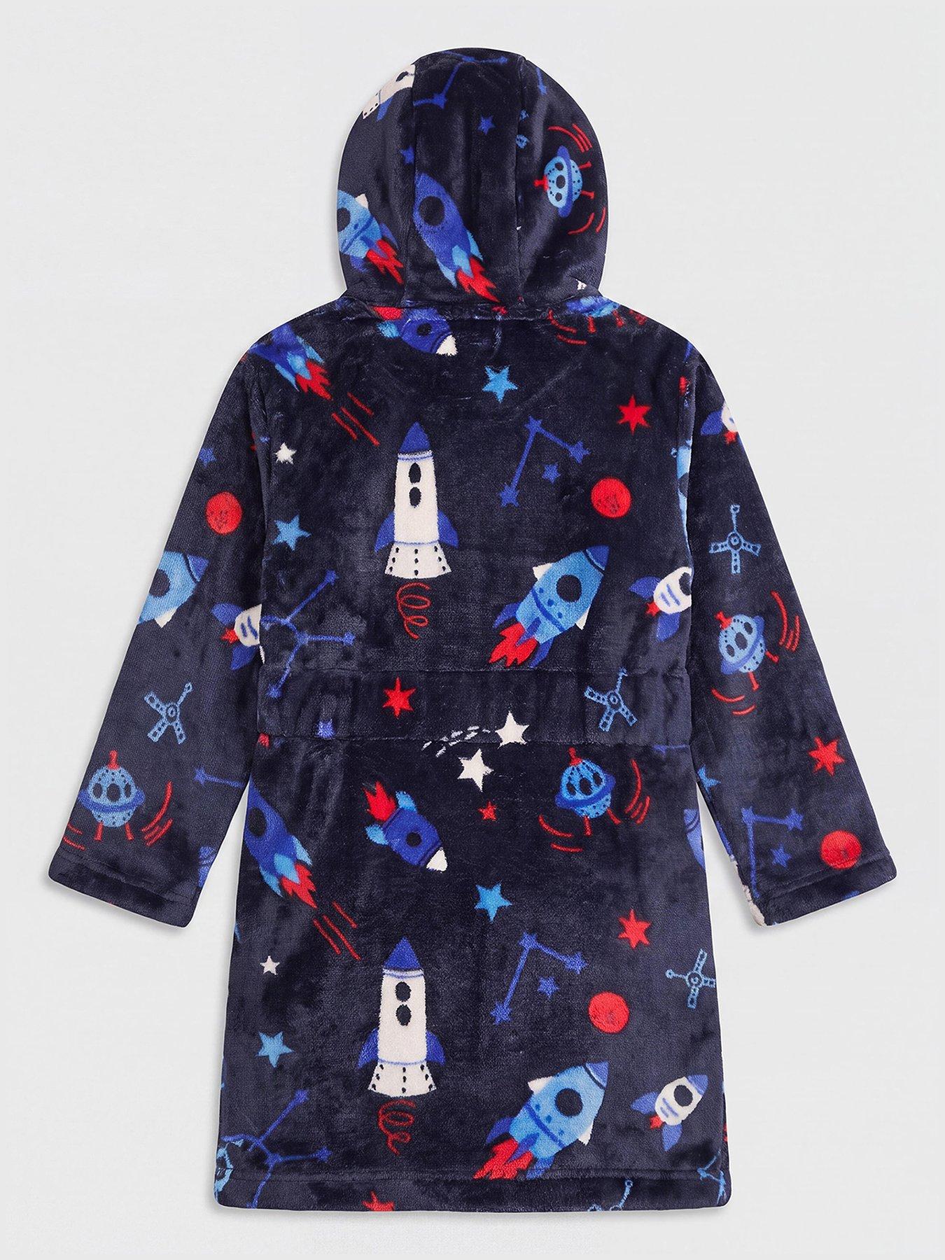 Image 2 of 3 of The Very Collection Boys Space Fleece Hooded Tie Belt Dressing Gown - Navy