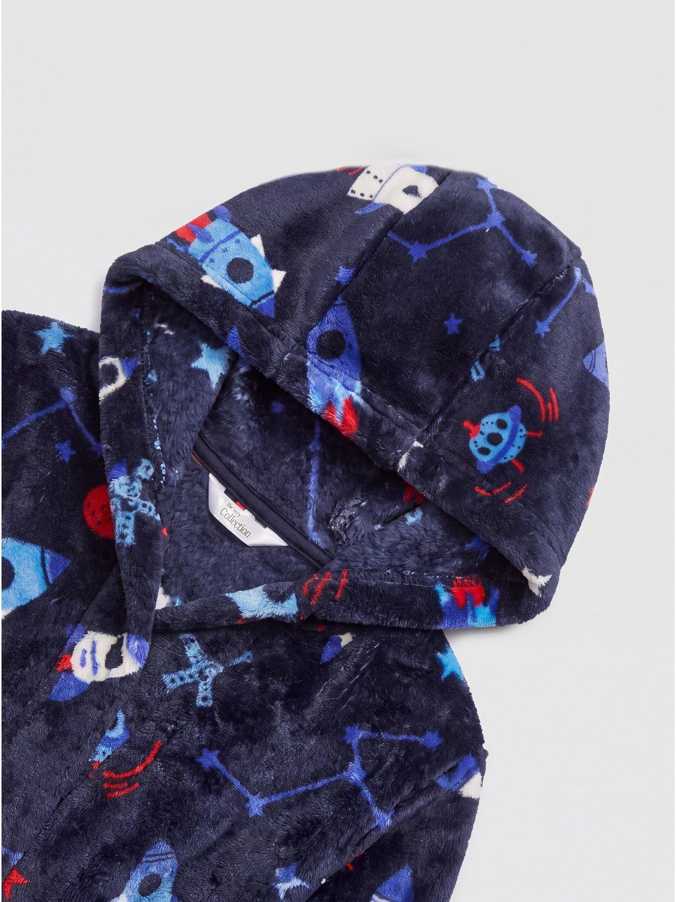 Image 3 of 3 of The Very Collection Boys Space Fleece Hooded Tie Belt Dressing Gown - Navy