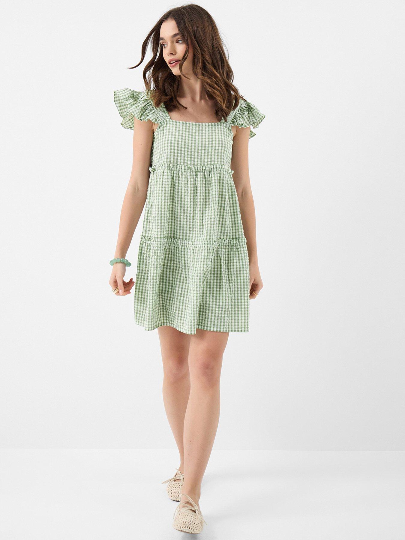 Accessorize Gingham Print Frill Mini Dress - Green