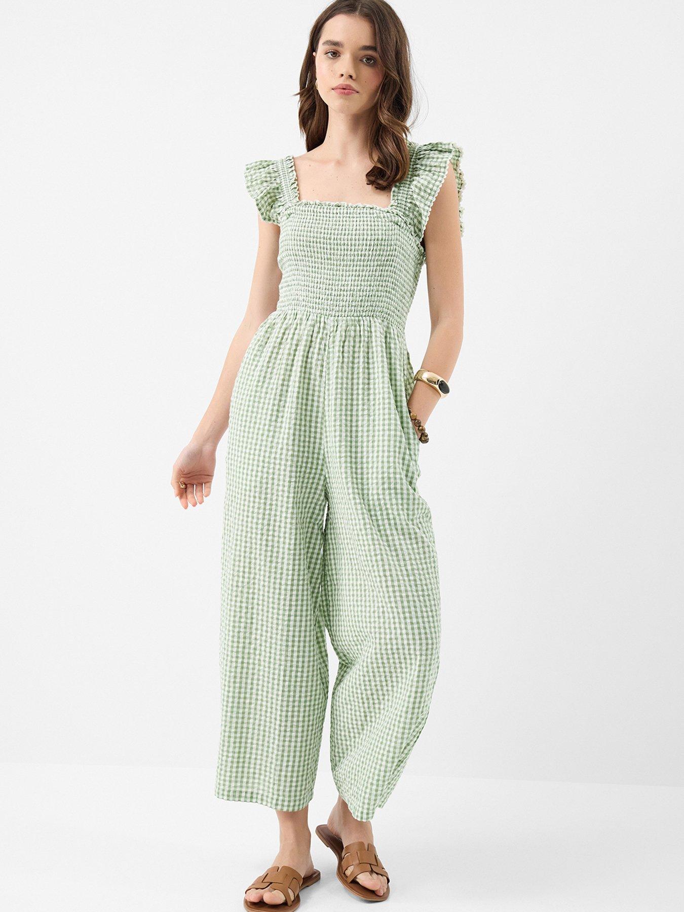 Image 1 of 4 of Accessorize Gingham Print Frill Jumpsuit - Green