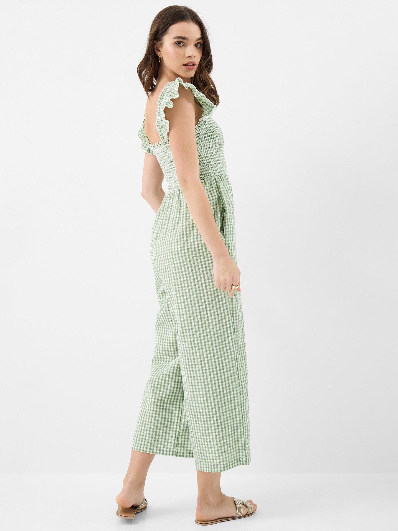 Image 2 of 4 of Accessorize Gingham Print Frill Jumpsuit - Green