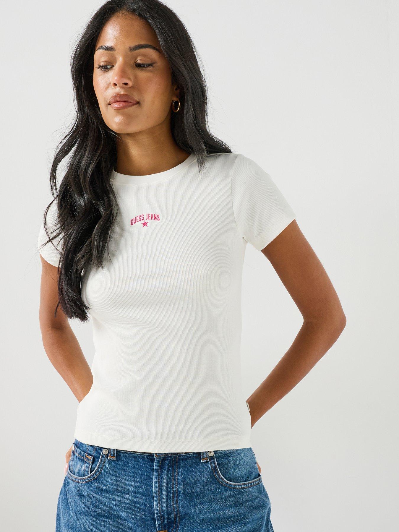 Guess Jeans Embroidered Star T-Shirt, White, Size S, Women