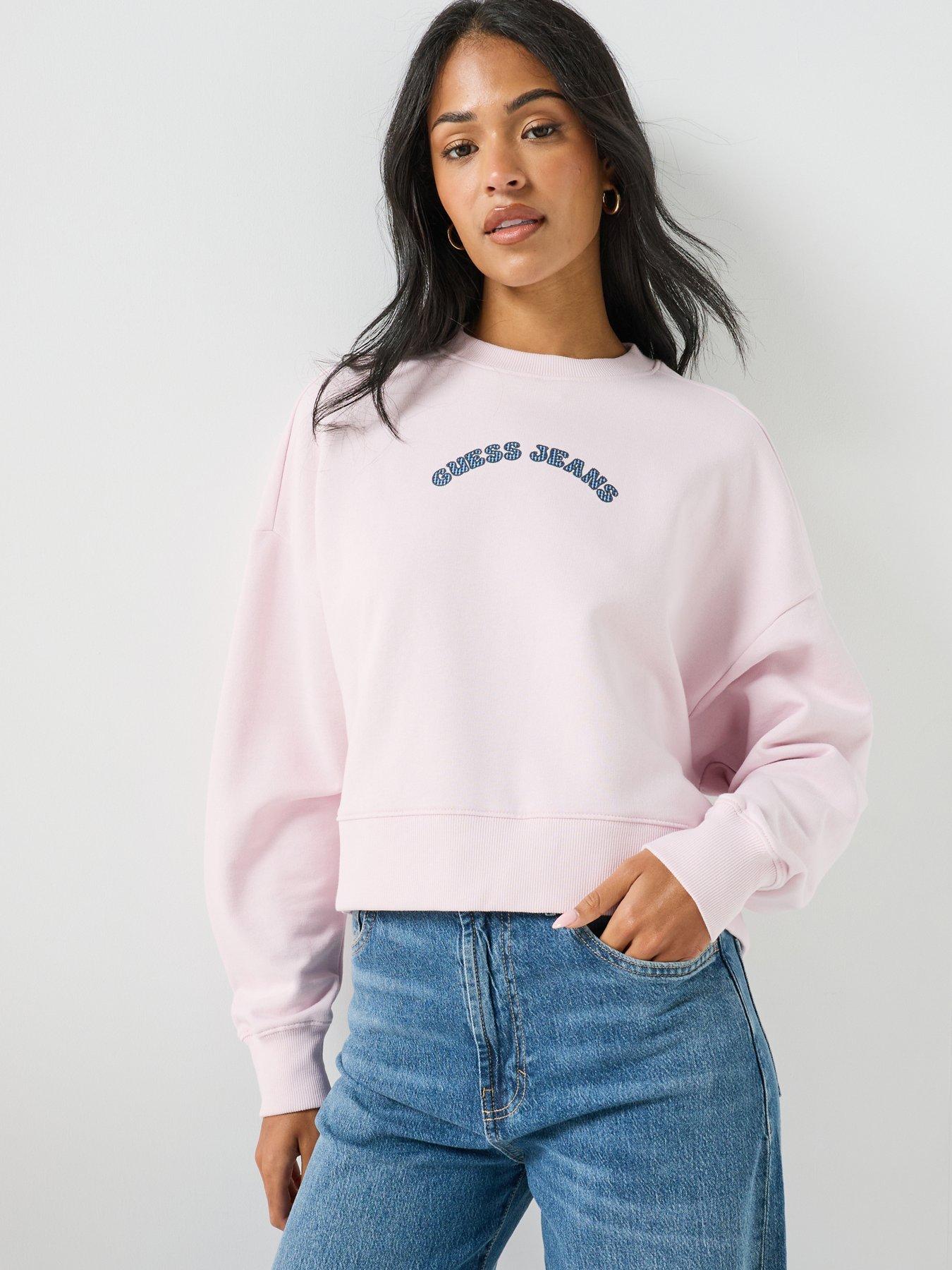 Image 1 of 5 of Guess Jeans GJ Drop Shoulder Cropped Sweatshirt - Pink
