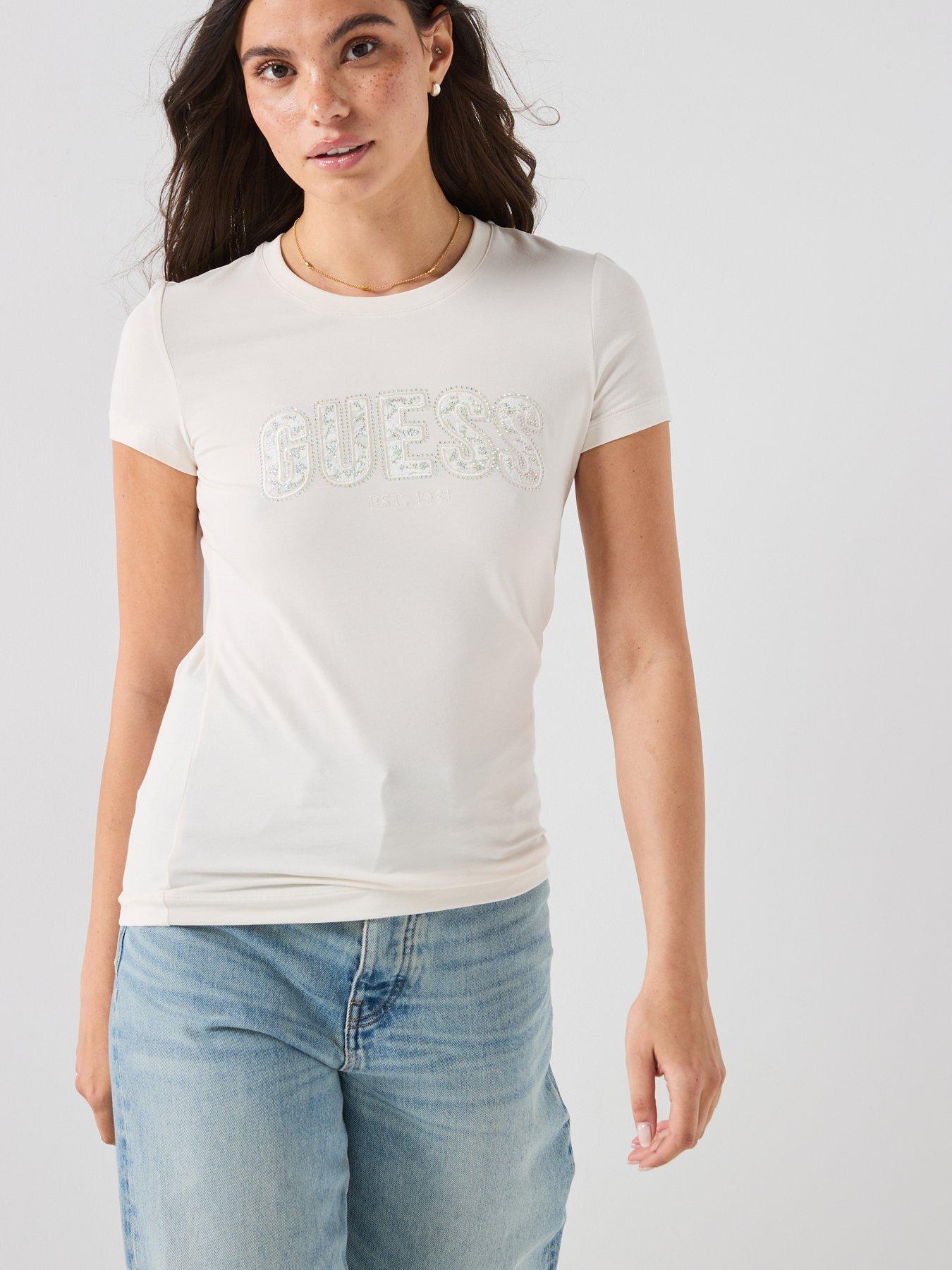 Guess Cn Short Sleeve Logo Lace T-Shirt - White