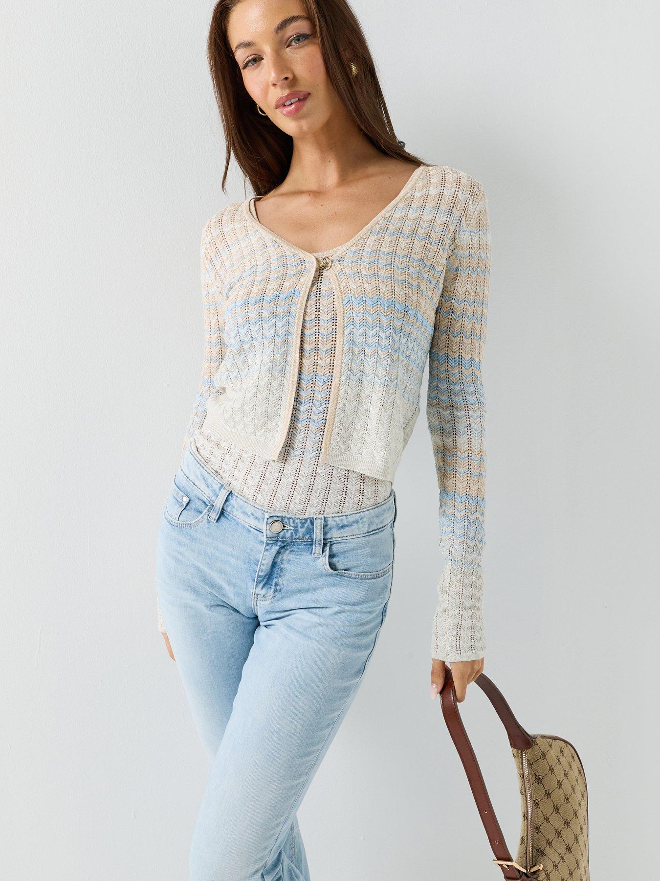 Guess Long Sleeve Chevron Knitted Cardigan, Blue, Size S, Women