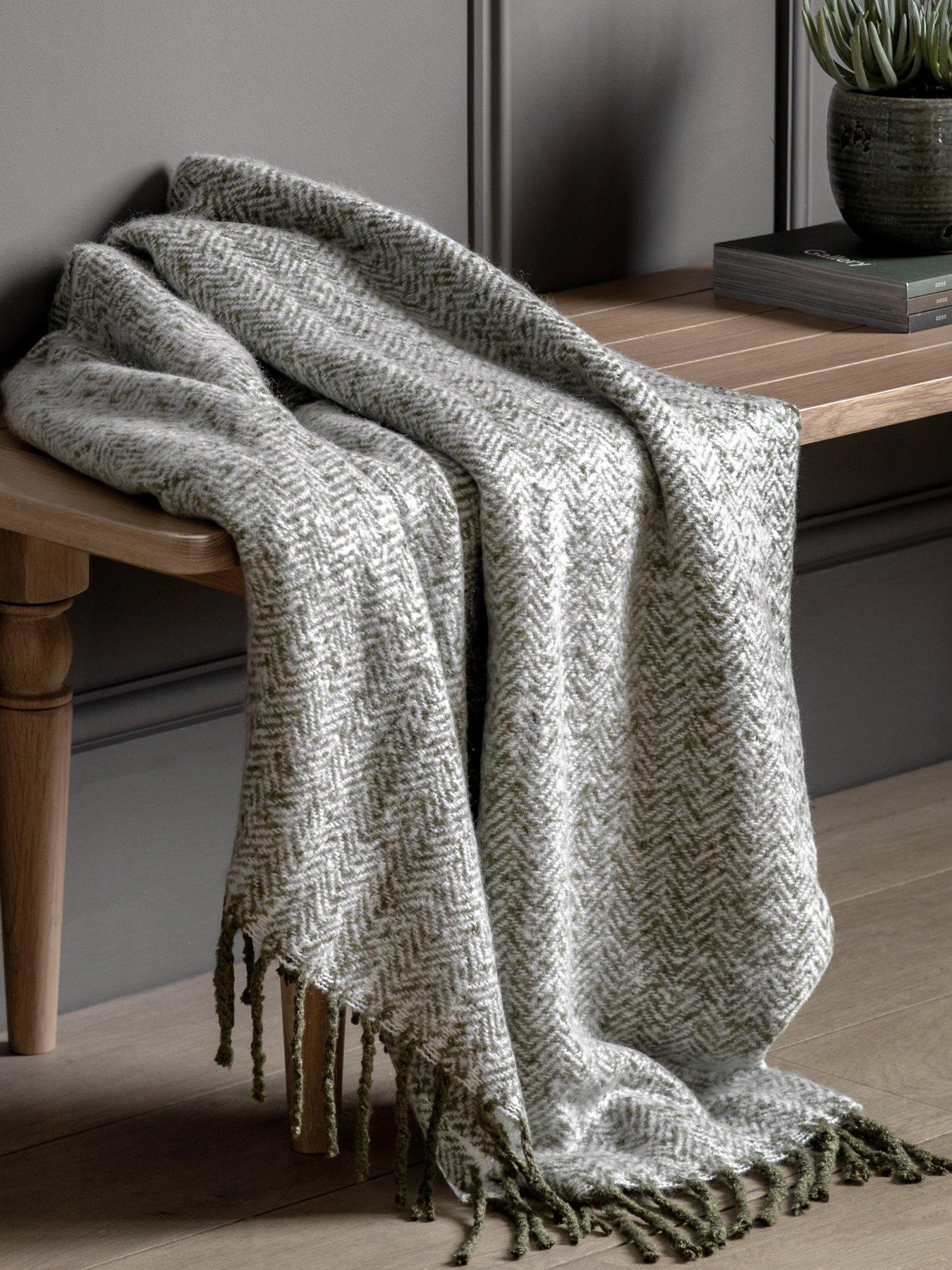 Image 1 of 6 of Gallery Herringbone Faux Mohair Throw Olive 1300x1800mm