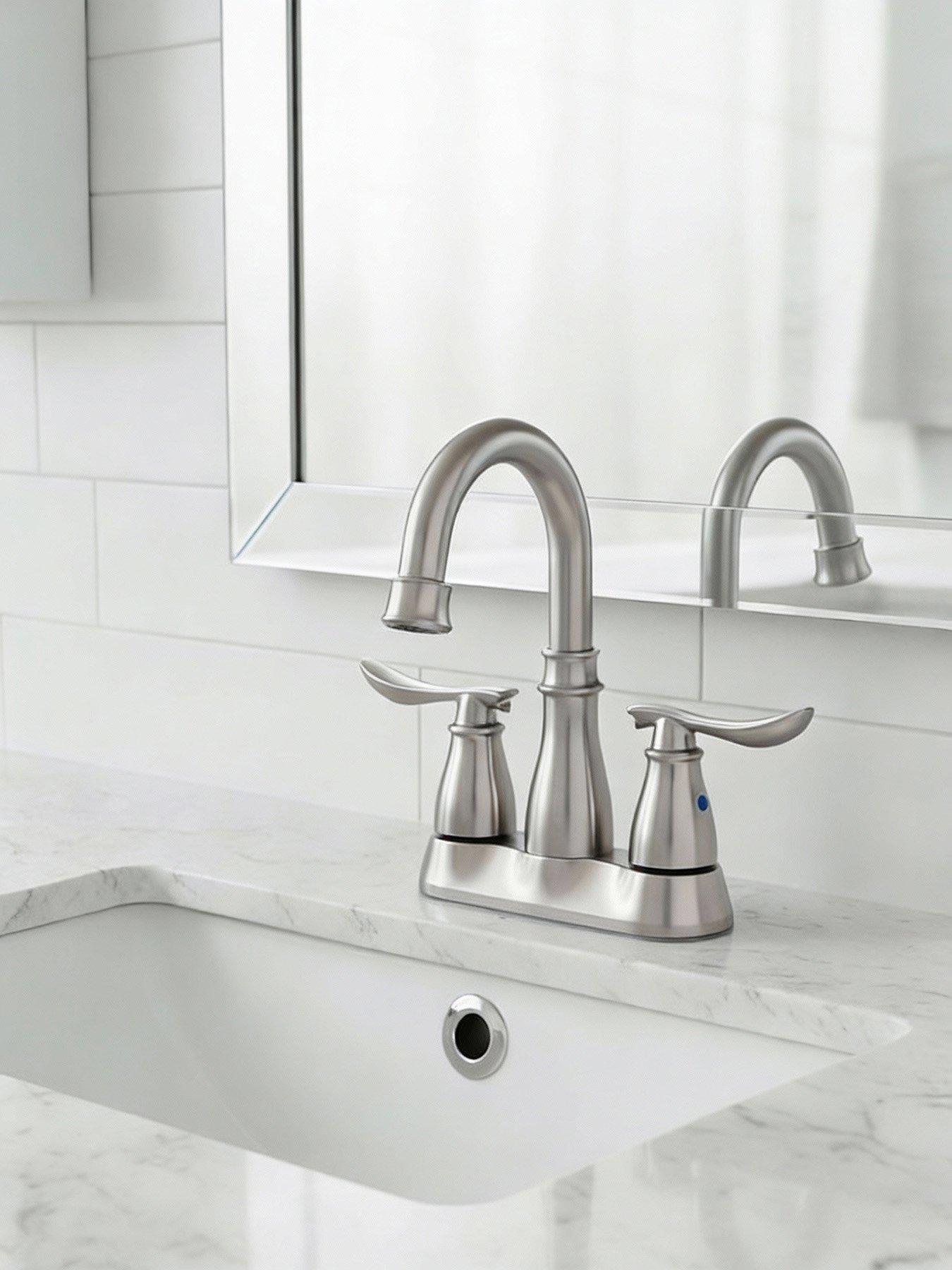 Image 4 of 7 of Living and Home Brushed Effect Double Handle Bathroom Sink Faucet With Drainer