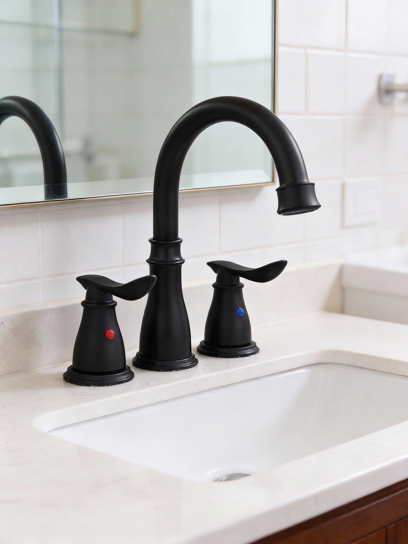 Image 1 of 7 of Living and Home Black Double Handle Bathroom Sink Faucet with Drainer