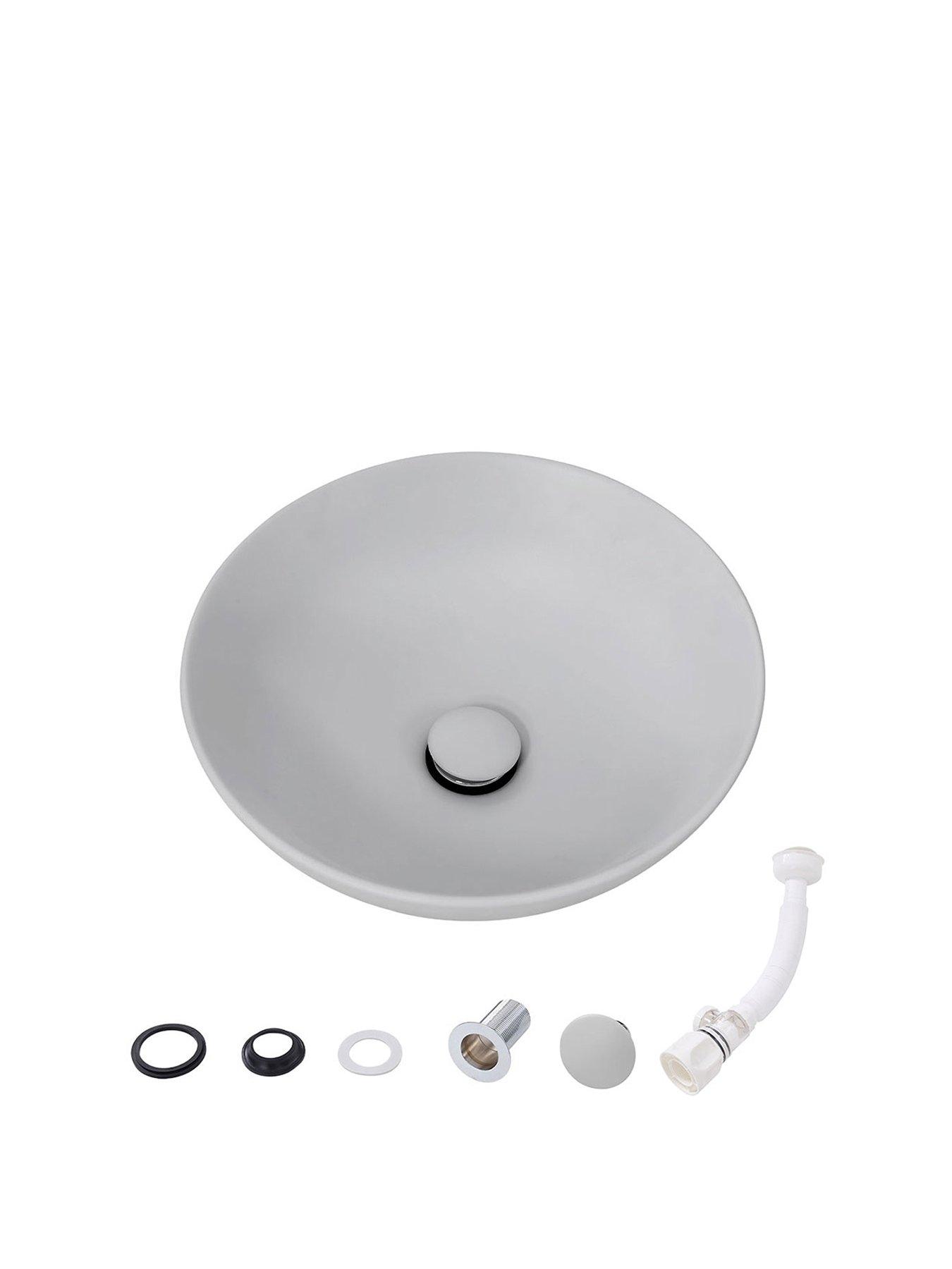 Image 2 of 7 of Living and Home Round Light Grey Ceramic Countertop Washbasin With Waste Kit