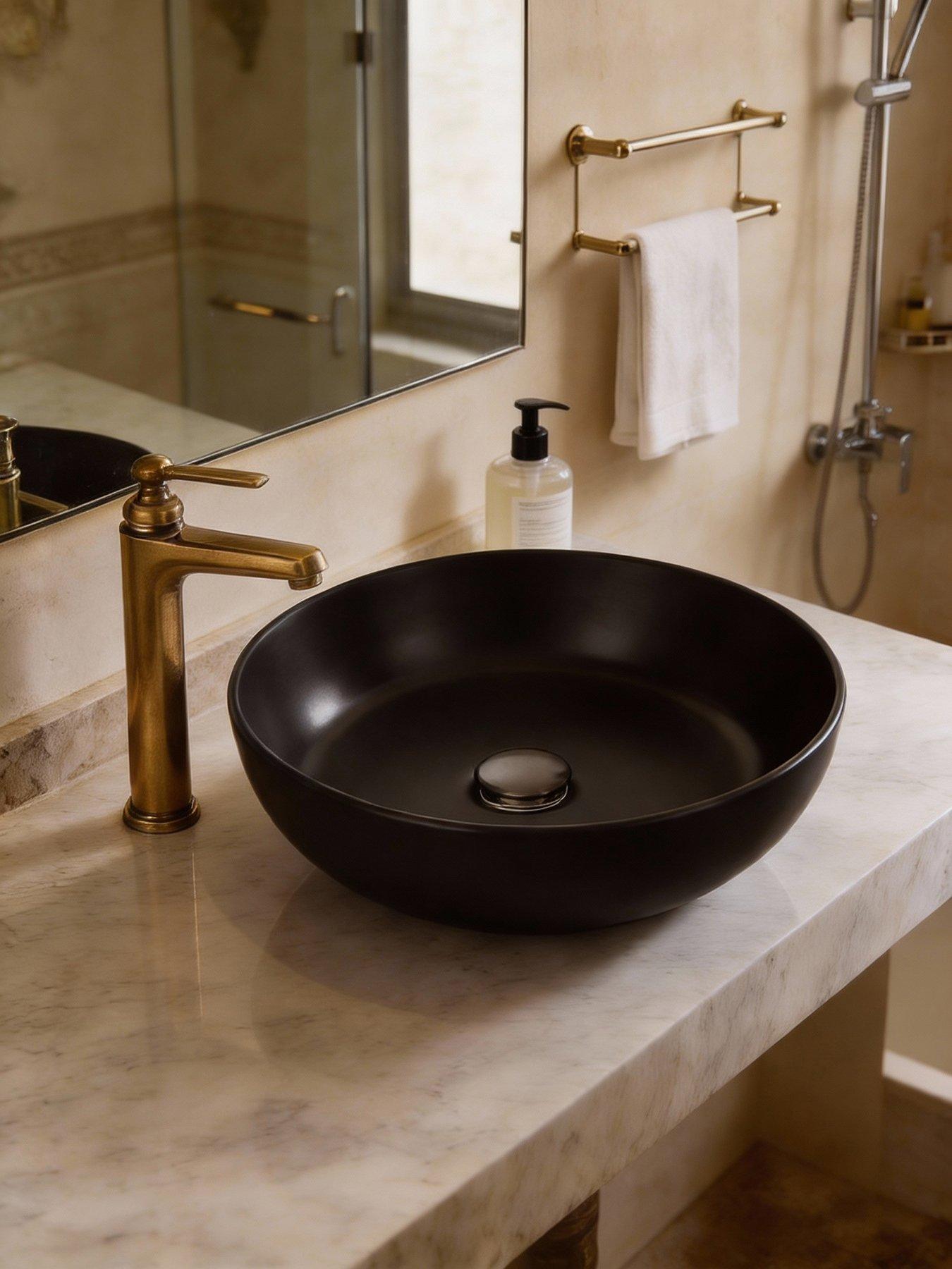 Living and Home Black Round Ceramic Countertop Washbasin Vessel Sink