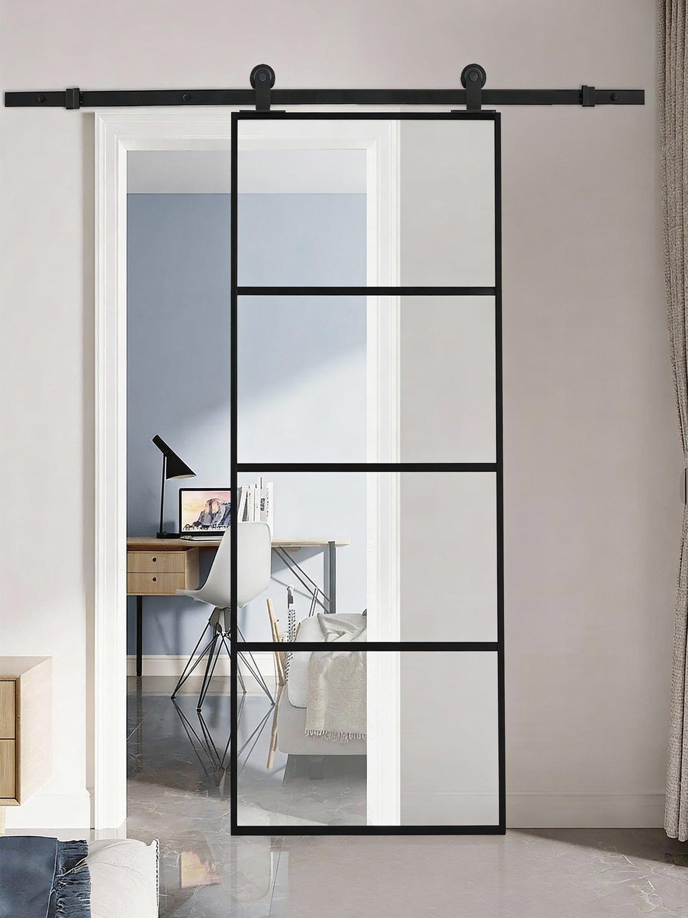 Image 1 of 7 of Living and Home 4 Lites Clear Glass Sliding Barn Door with 6ft Hardware Kit