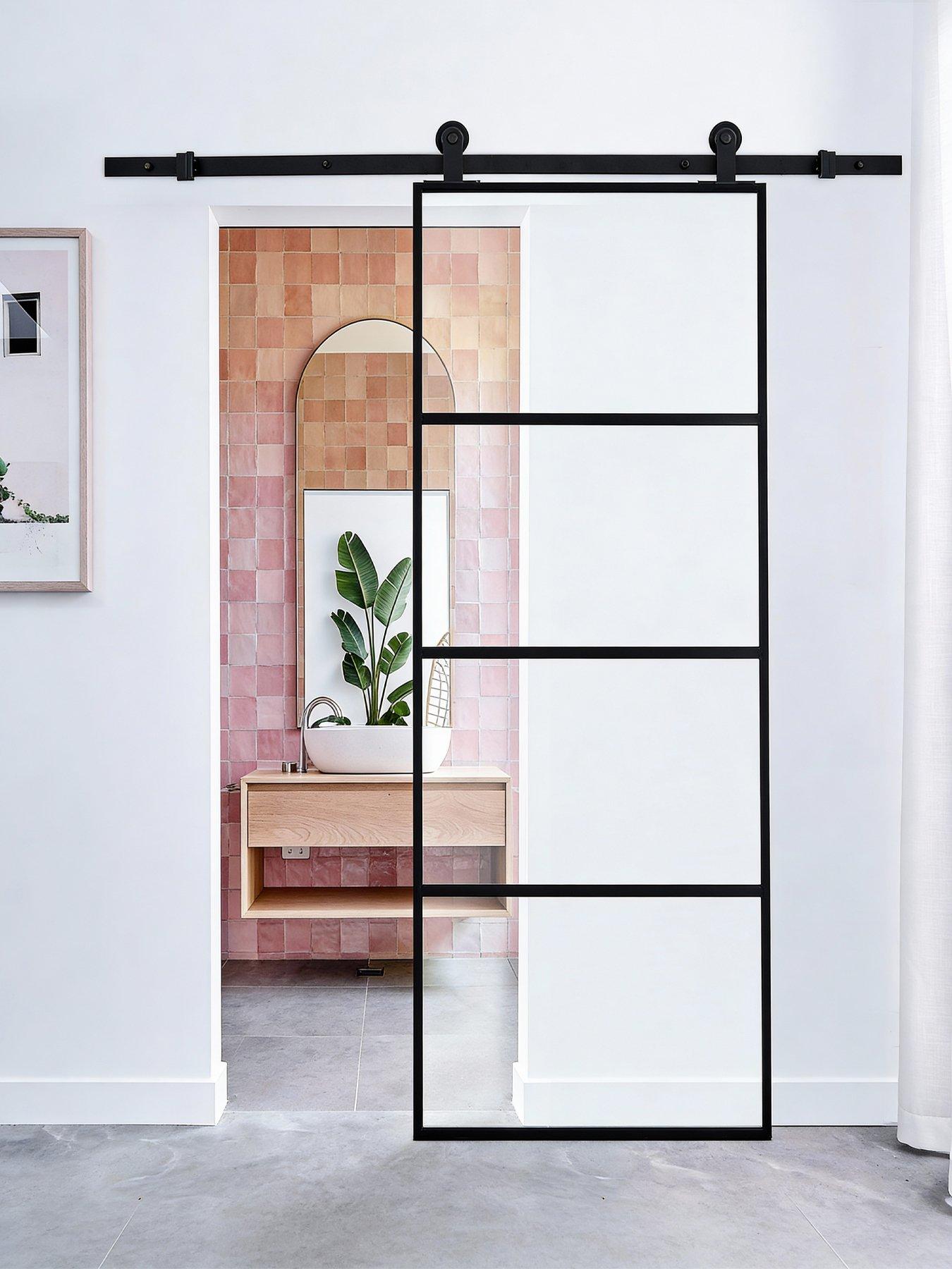 Image 2 of 7 of Living and Home 4 Lites Clear Glass Sliding Barn Door with 6ft Hardware Kit