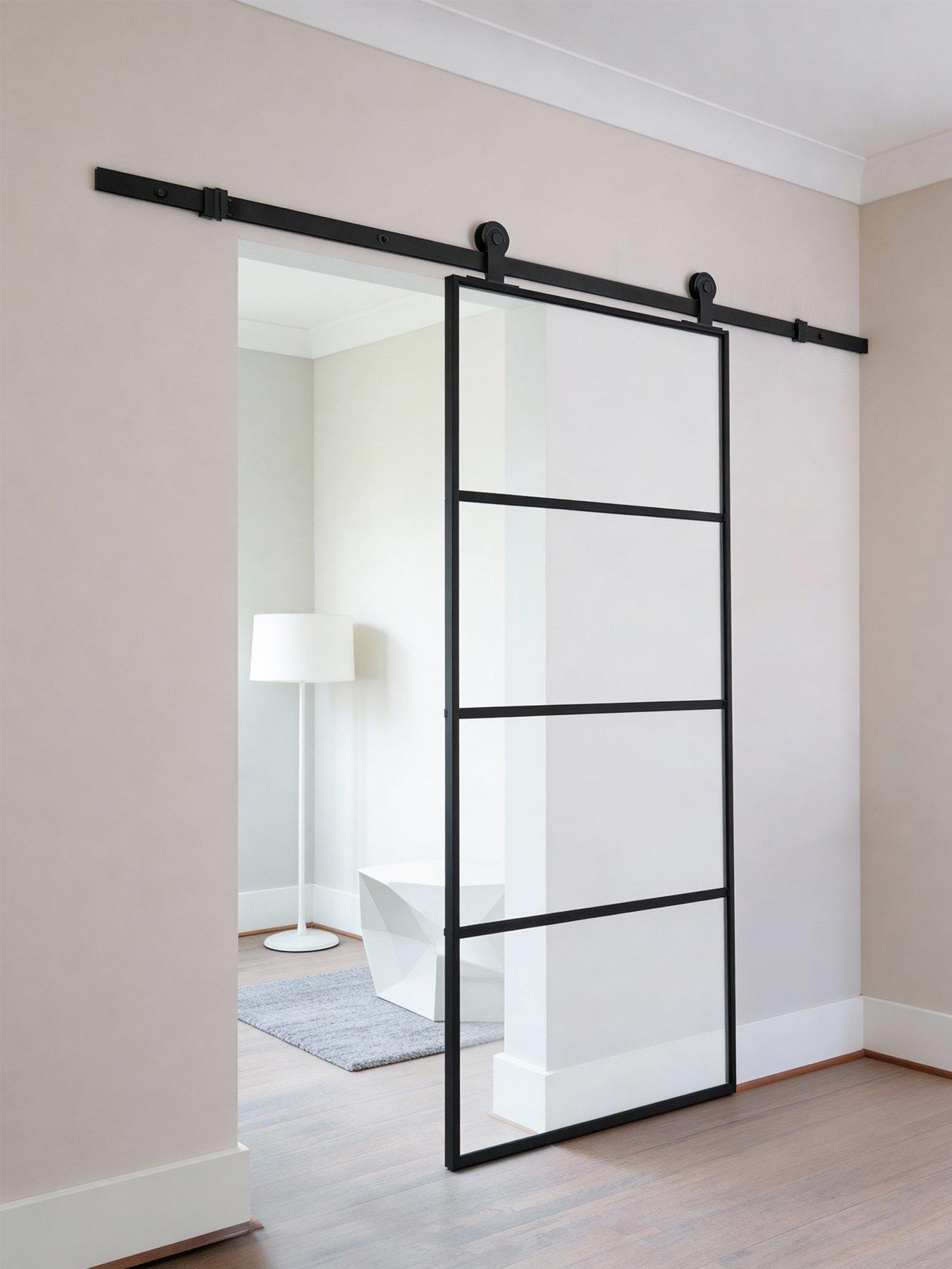 Image 3 of 7 of Living and Home 4 Lites Clear Glass Sliding Barn Door with 6ft Hardware Kit