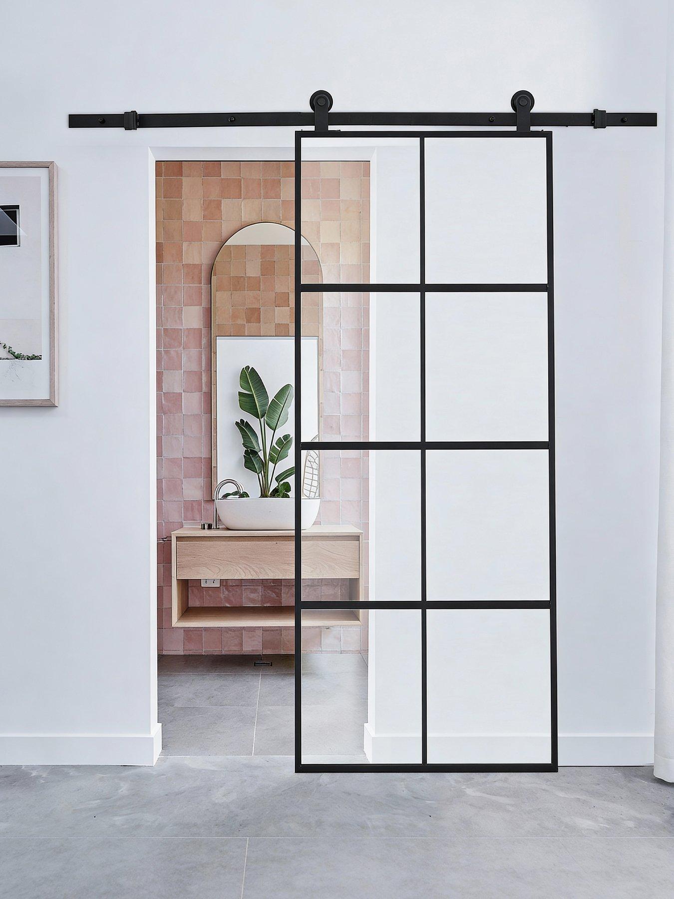 Living and Home 4 Lites Clear Glass Sliding Barn Door with 6ft Hardware Kit