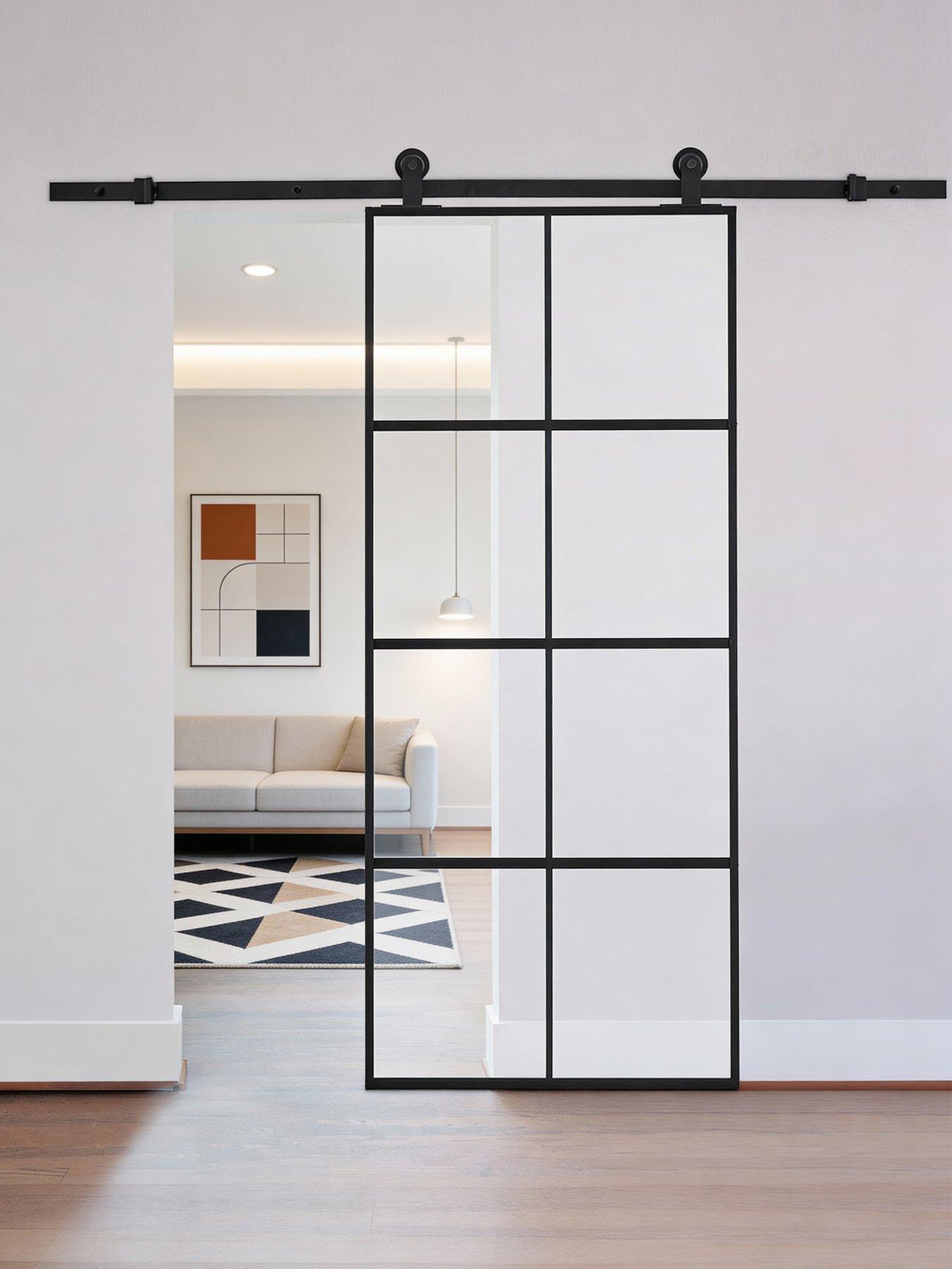 Image 2 of 7 of Living and Home 4 Lites Clear Glass Sliding Barn Door with 6ft Hardware Kit