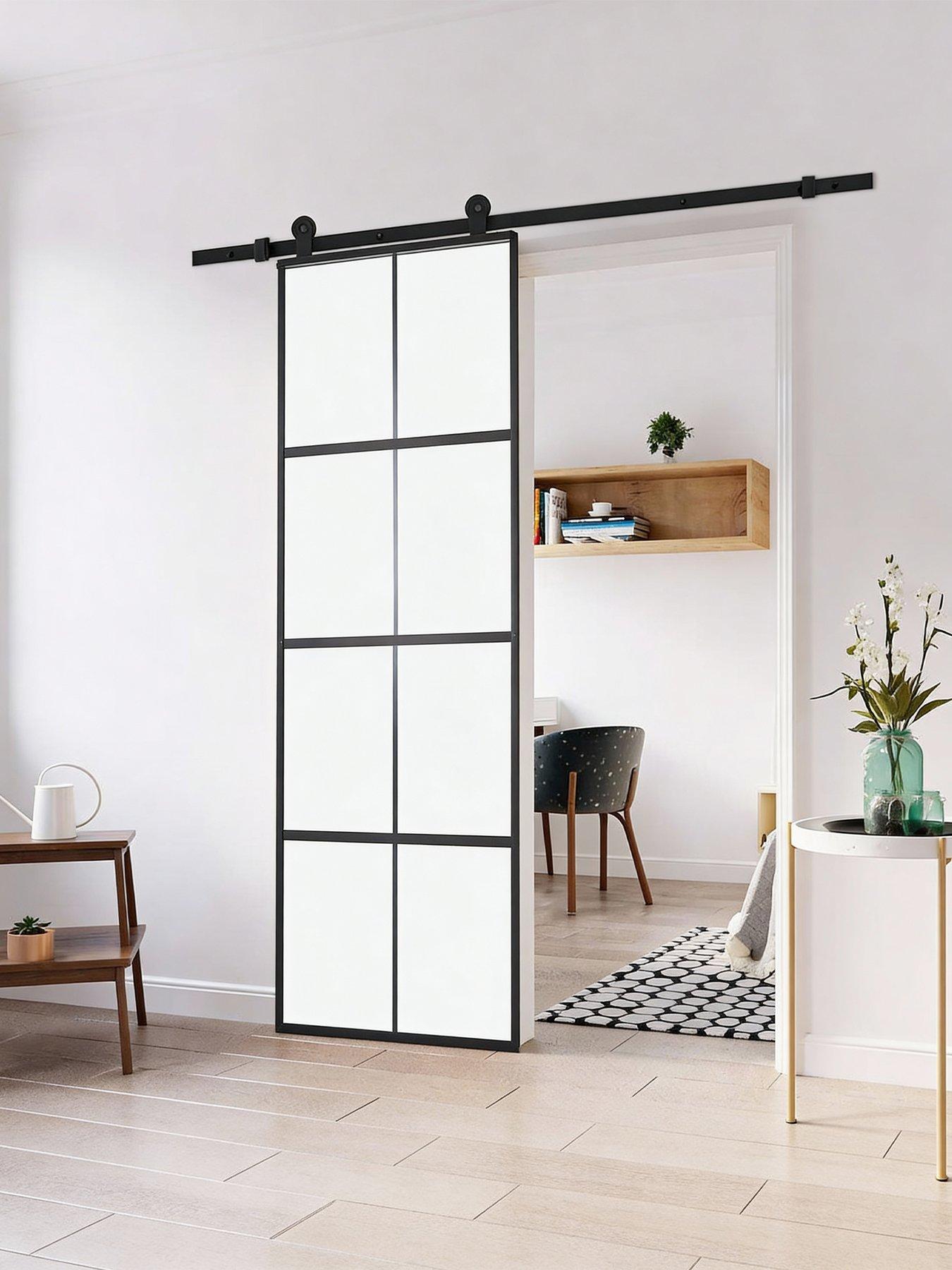 Image 3 of 7 of Living and Home 4 Lites Clear Glass Sliding Barn Door with 6ft Hardware Kit
