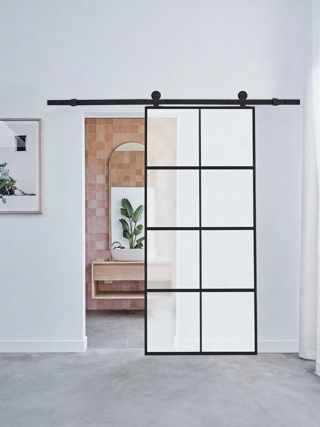 Image 1 of 7 of Living and Home Frosted Glass Sliding Barn Door with 6ft Hardware Kit