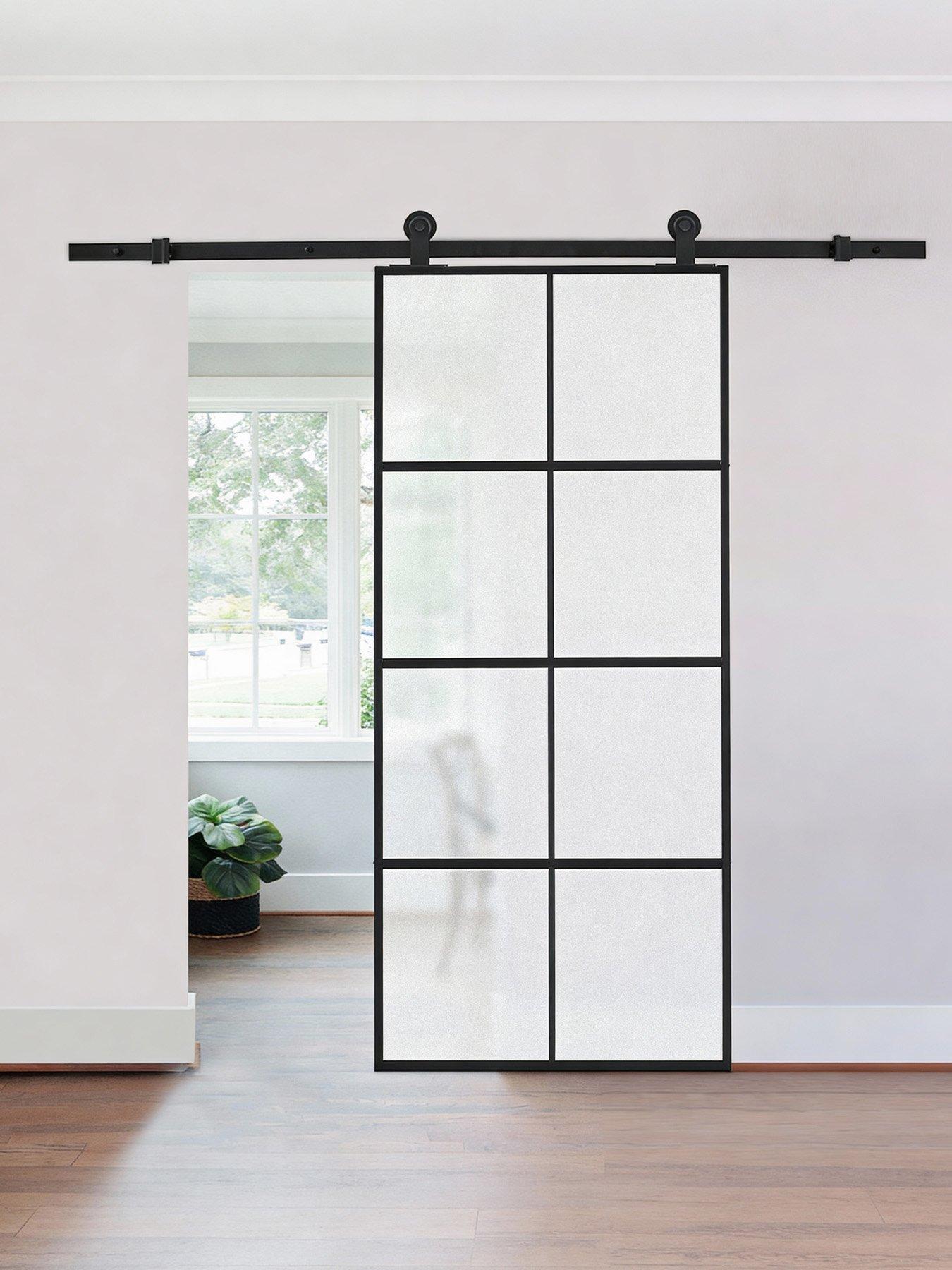 Image 4 of 7 of Living and Home Frosted Glass Sliding Barn Door with 6ft Hardware Kit