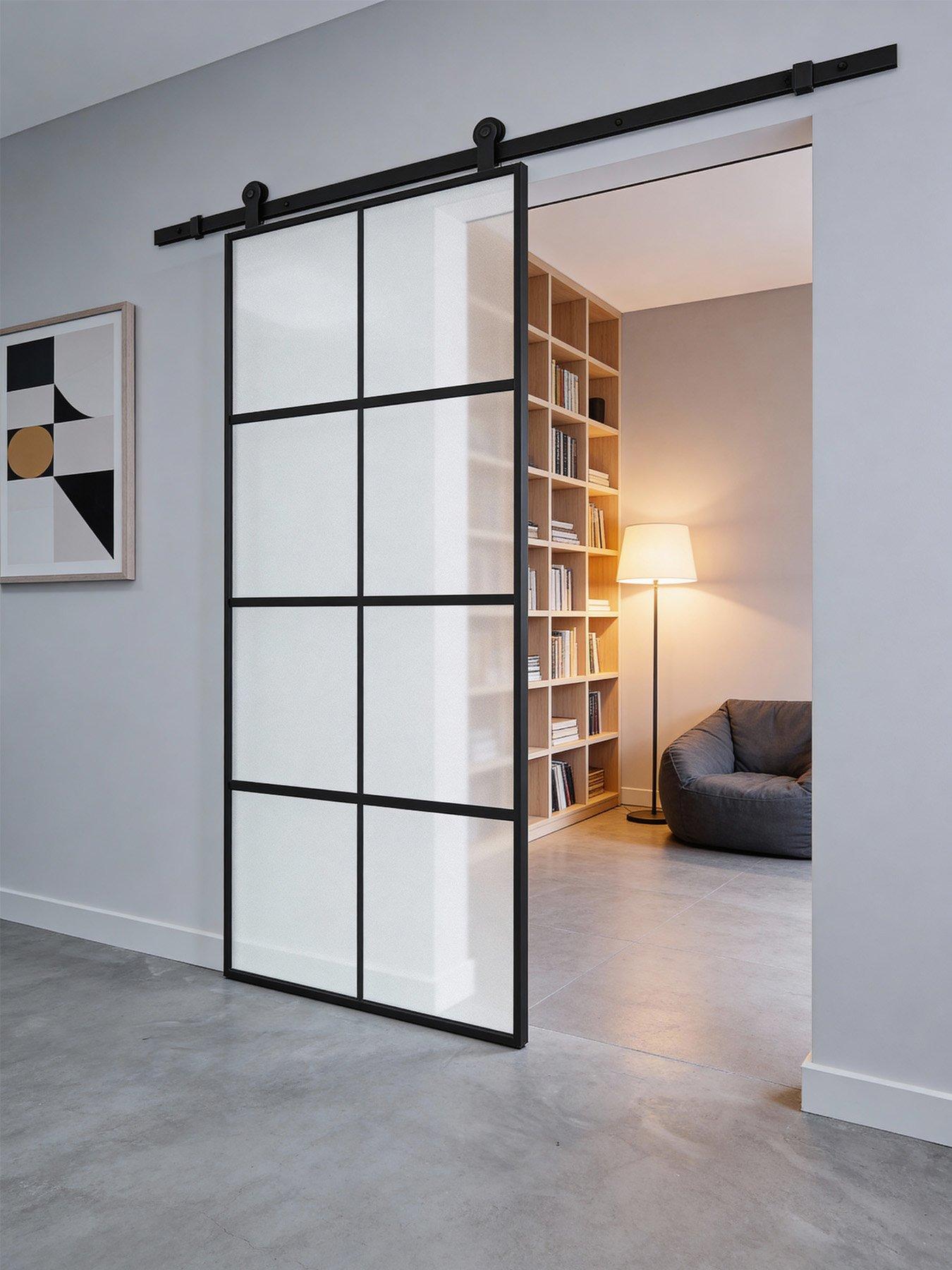 Image 5 of 7 of Living and Home Frosted Glass Sliding Barn Door with 6ft Hardware Kit