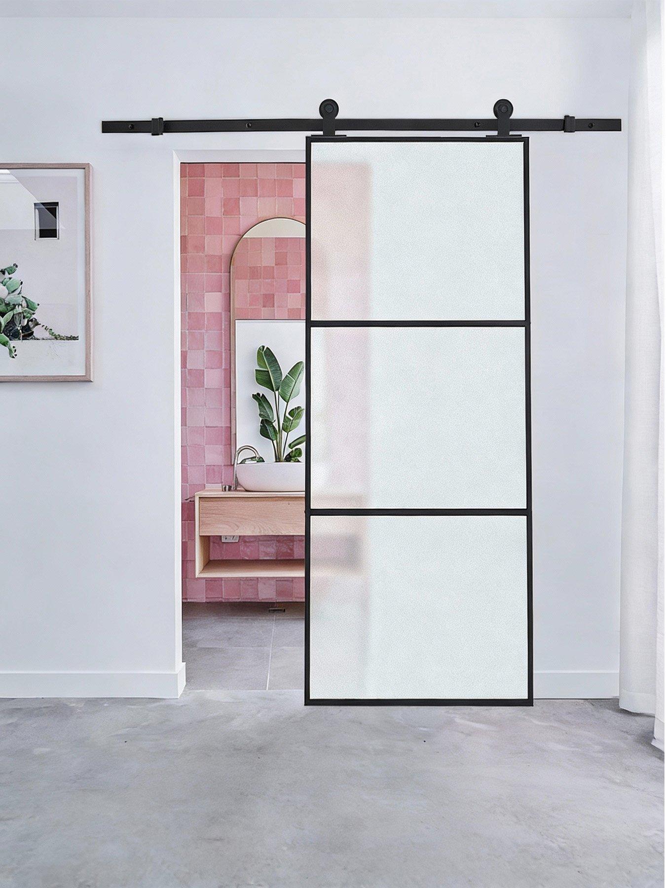 Image 1 of 7 of Living and Home 3 Lite Frosted Glass Sliding Barn Door with 6ft Hardware Kit