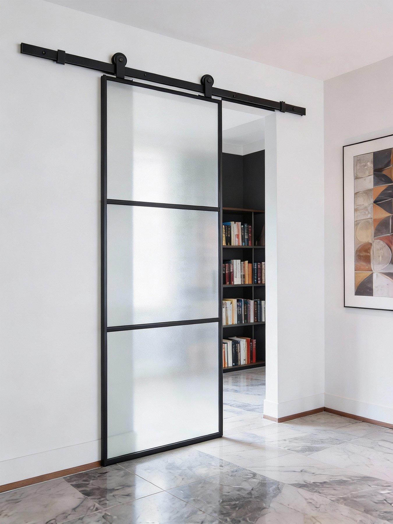 Image 4 of 7 of Living and Home 3 Lite Frosted Glass Sliding Barn Door with 6ft Hardware Kit