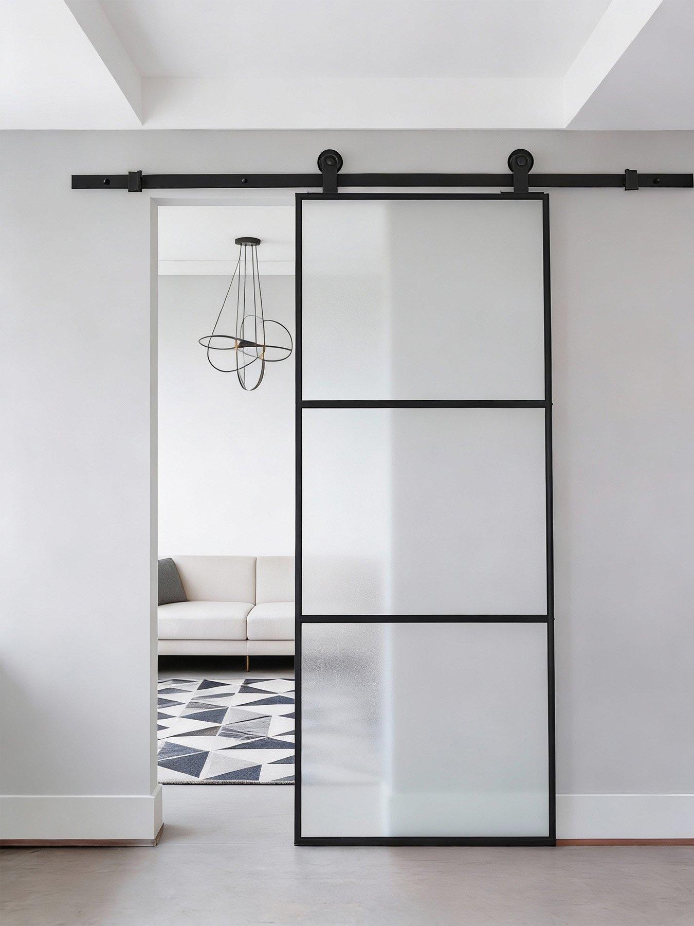Image 5 of 7 of Living and Home 3 Lite Frosted Glass Sliding Barn Door with 6ft Hardware Kit