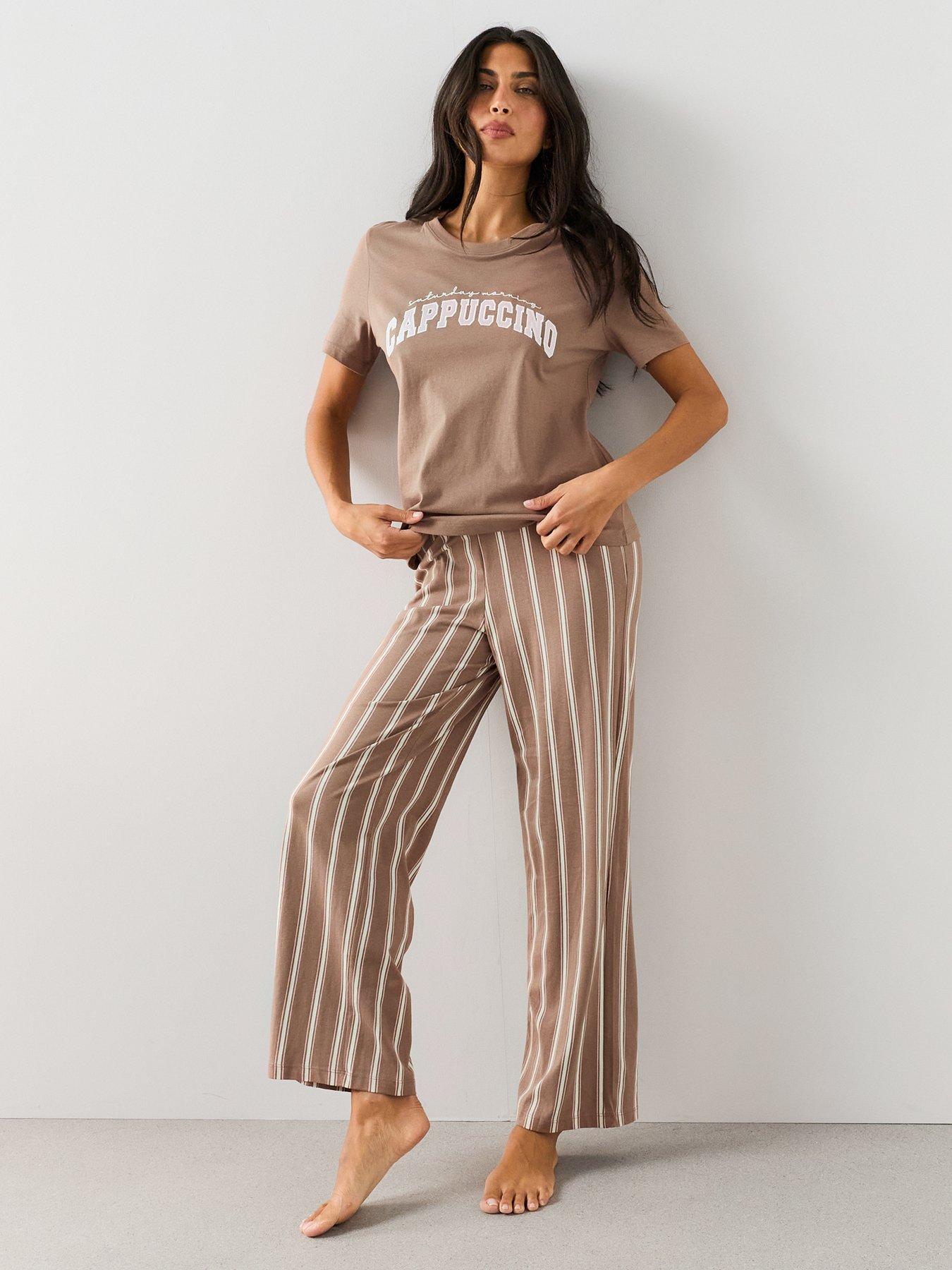 The Very Collection Cappuccino Print Short Sleeve Tshirt And Wide Leg Pyjama Set - Brown