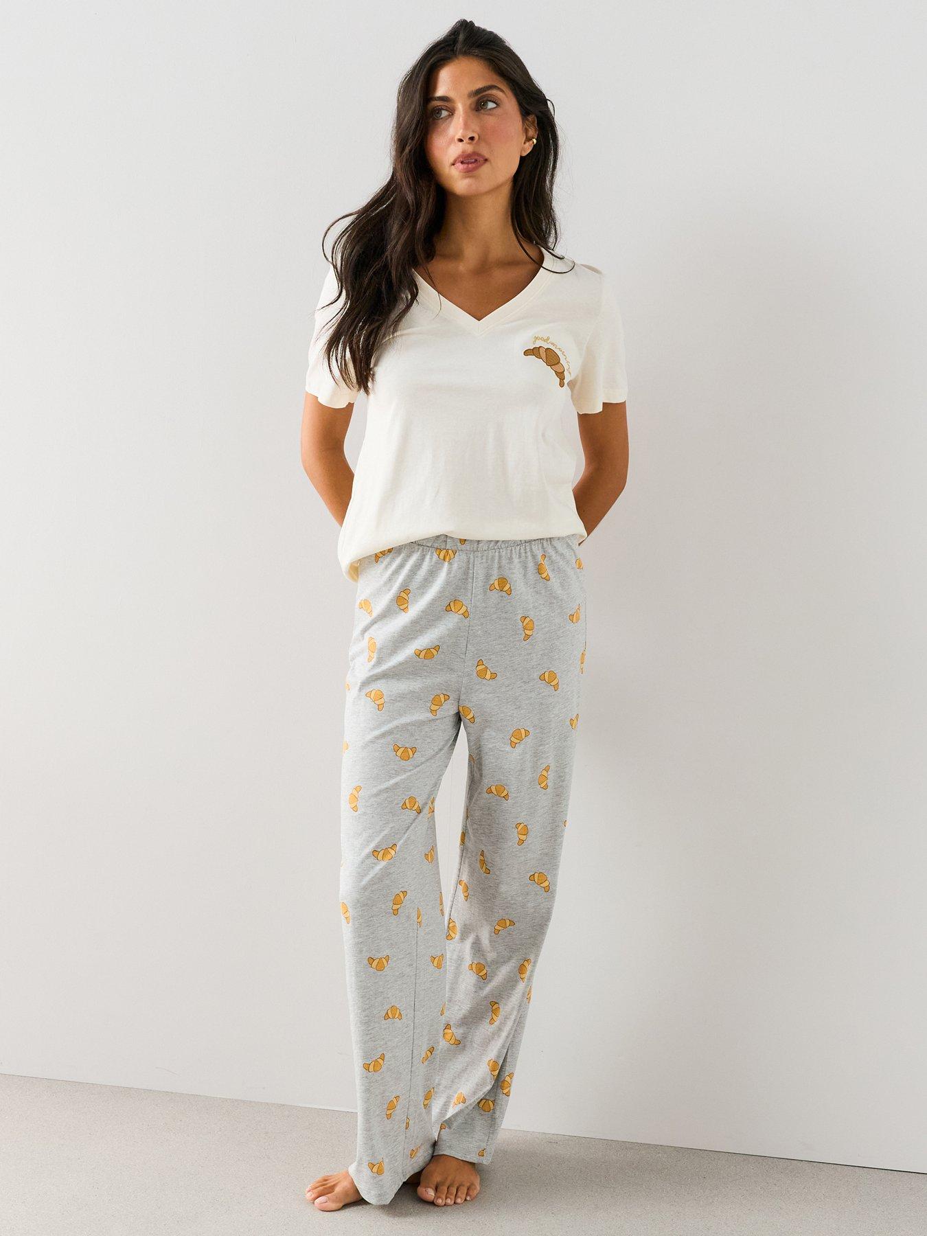 Image 1 of 7 of The Very Collection Cotton Rich Croissant Print Pyjama Set - Cream/Grey