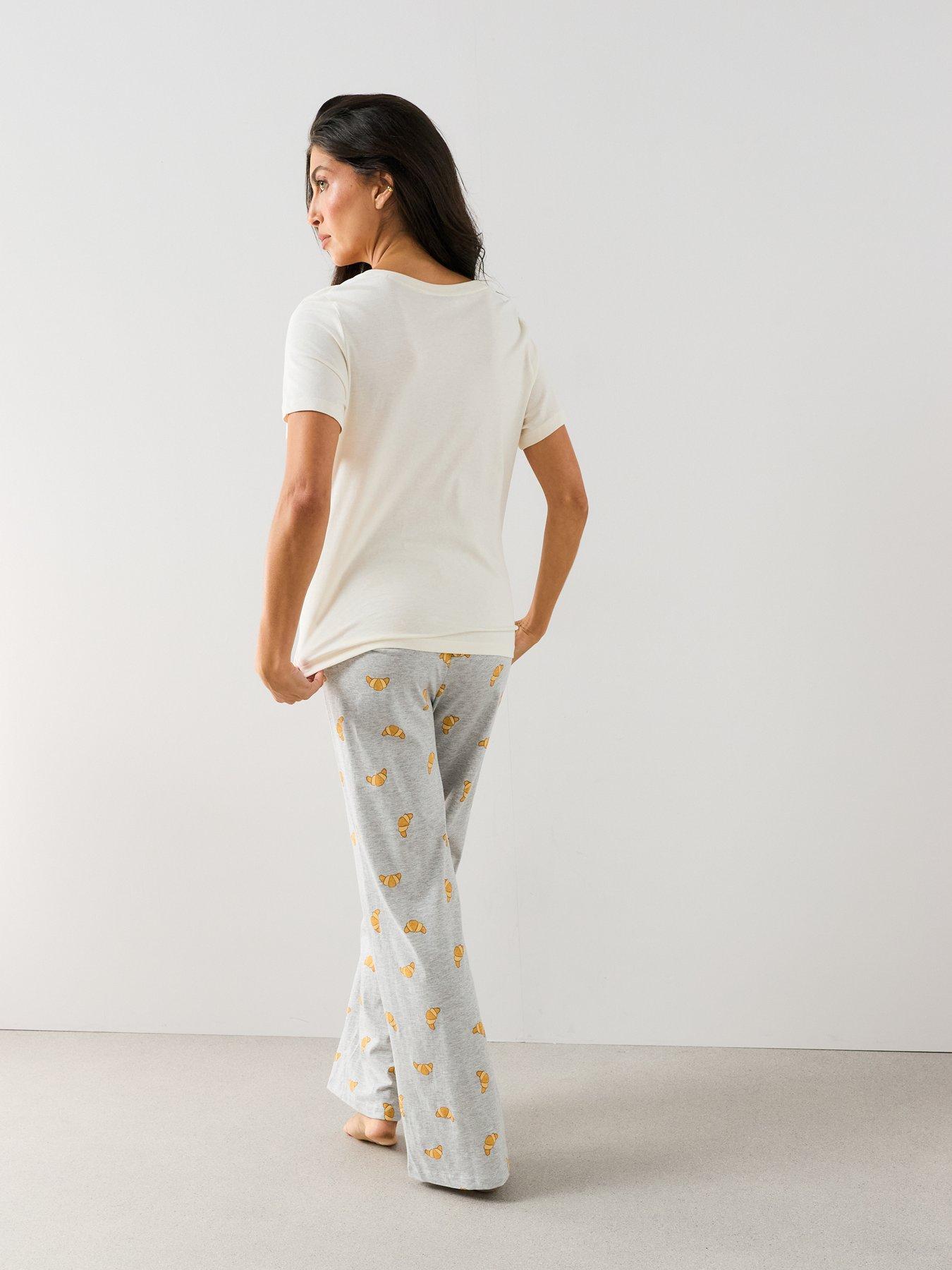 Image 2 of 7 of The Very Collection Cotton Rich Croissant Print Pyjama Set - Cream/Grey