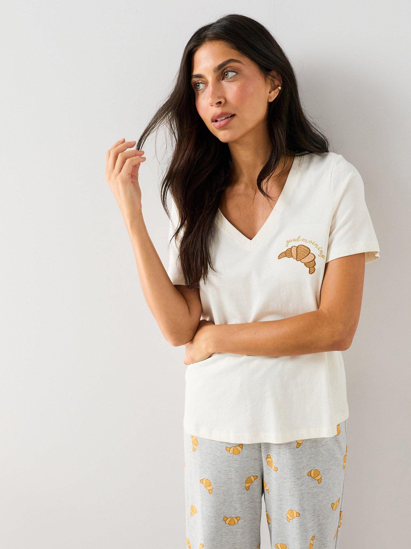 Image 3 of 7 of The Very Collection Cotton Rich Croissant Print Pyjama Set - Cream/Grey