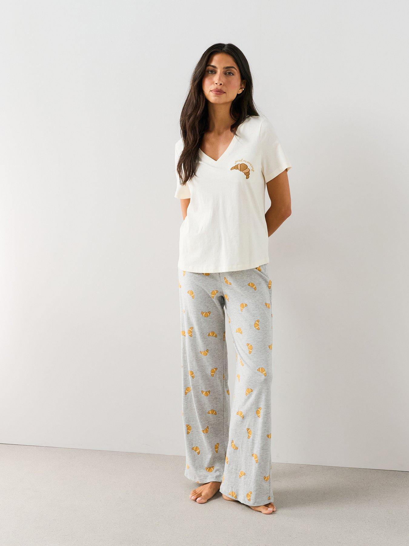 Image 5 of 7 of The Very Collection Cotton Rich Croissant Print Pyjama Set - Cream/Grey