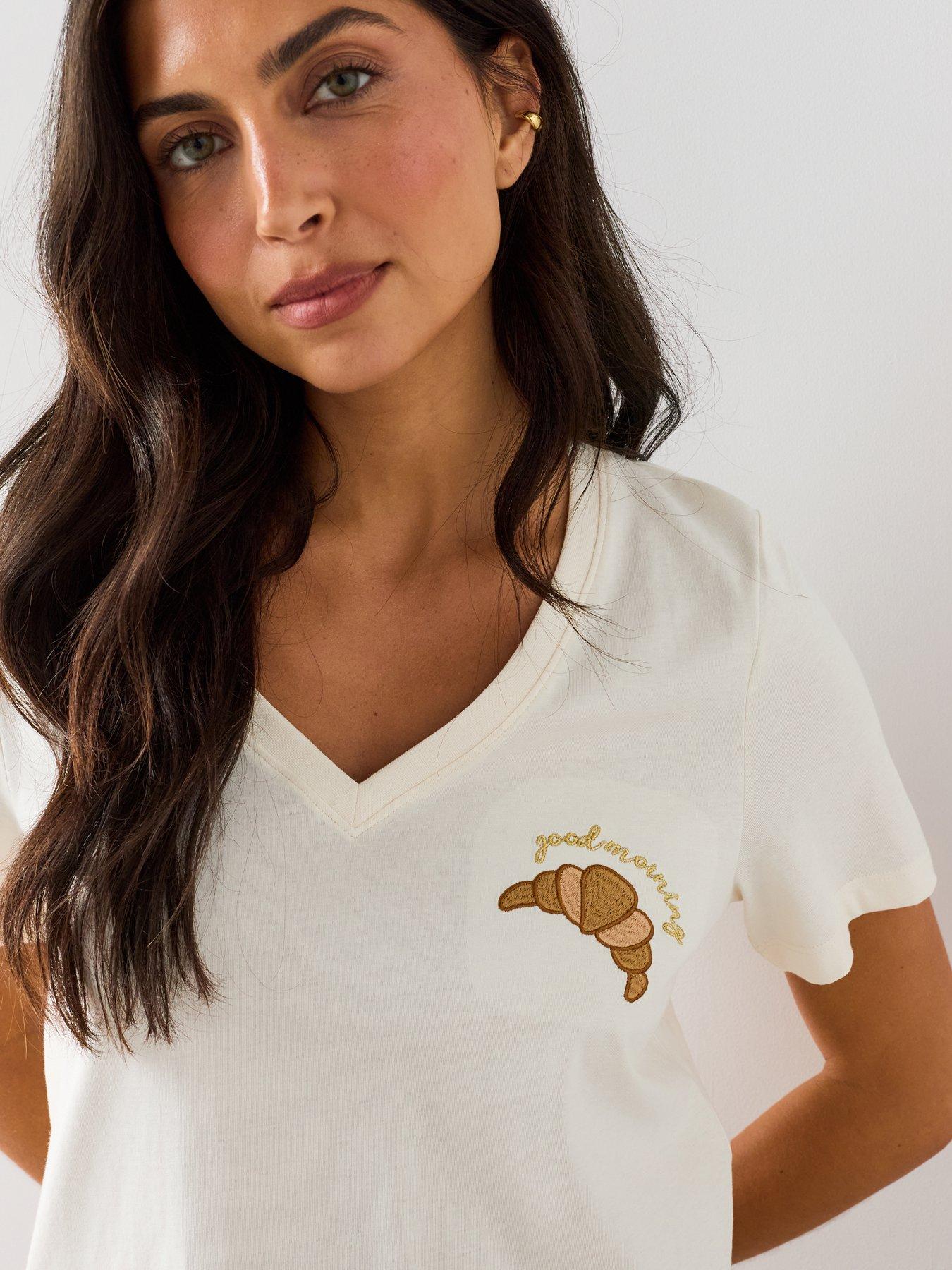 Image 6 of 7 of The Very Collection Cotton Rich Croissant Print Pyjama Set - Cream/Grey