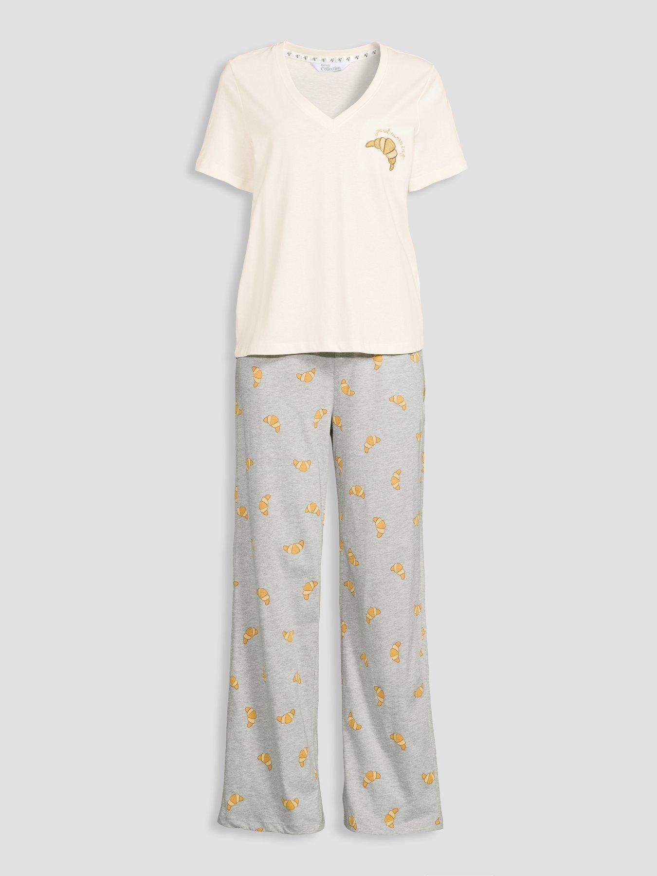 Image 7 of 7 of The Very Collection Cotton Rich Croissant Print Pyjama Set - Cream/Grey
