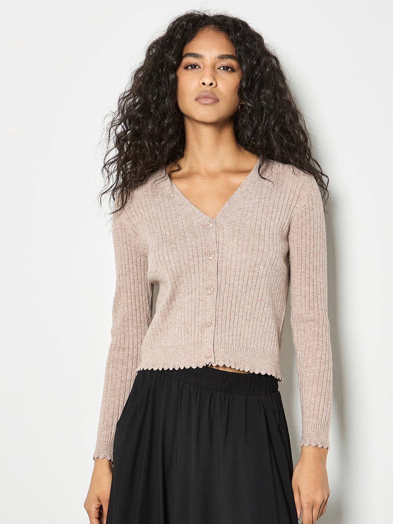 Apricot Ribbed Scallop Basic Cardigan - Cream