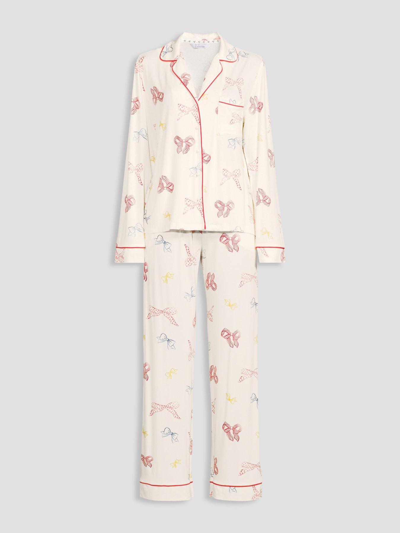 Image 7 of 7 of The Very Collection Jersey Revere Bow Print Pyjama Set - Cream