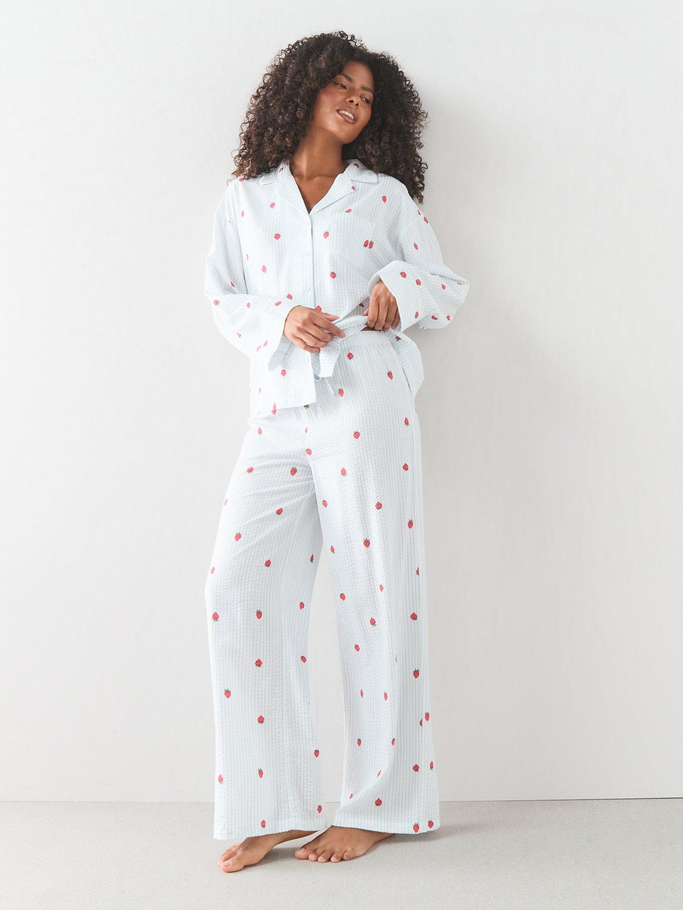 The Very Collection Woven Stripe Strawberry Print Revere Pyjama Set