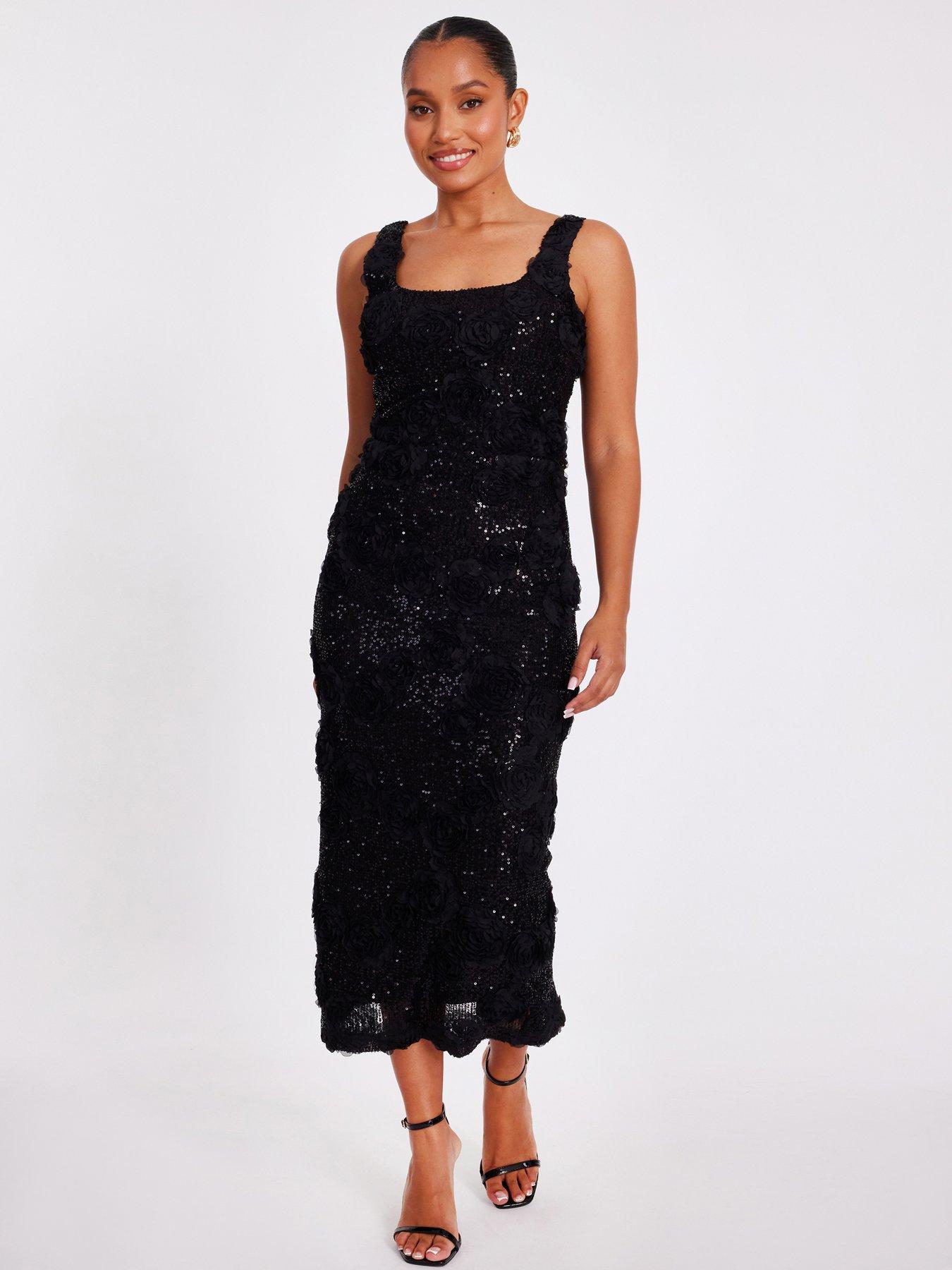 Quiz Petite Black Sequin Applique Midaxi Dress
