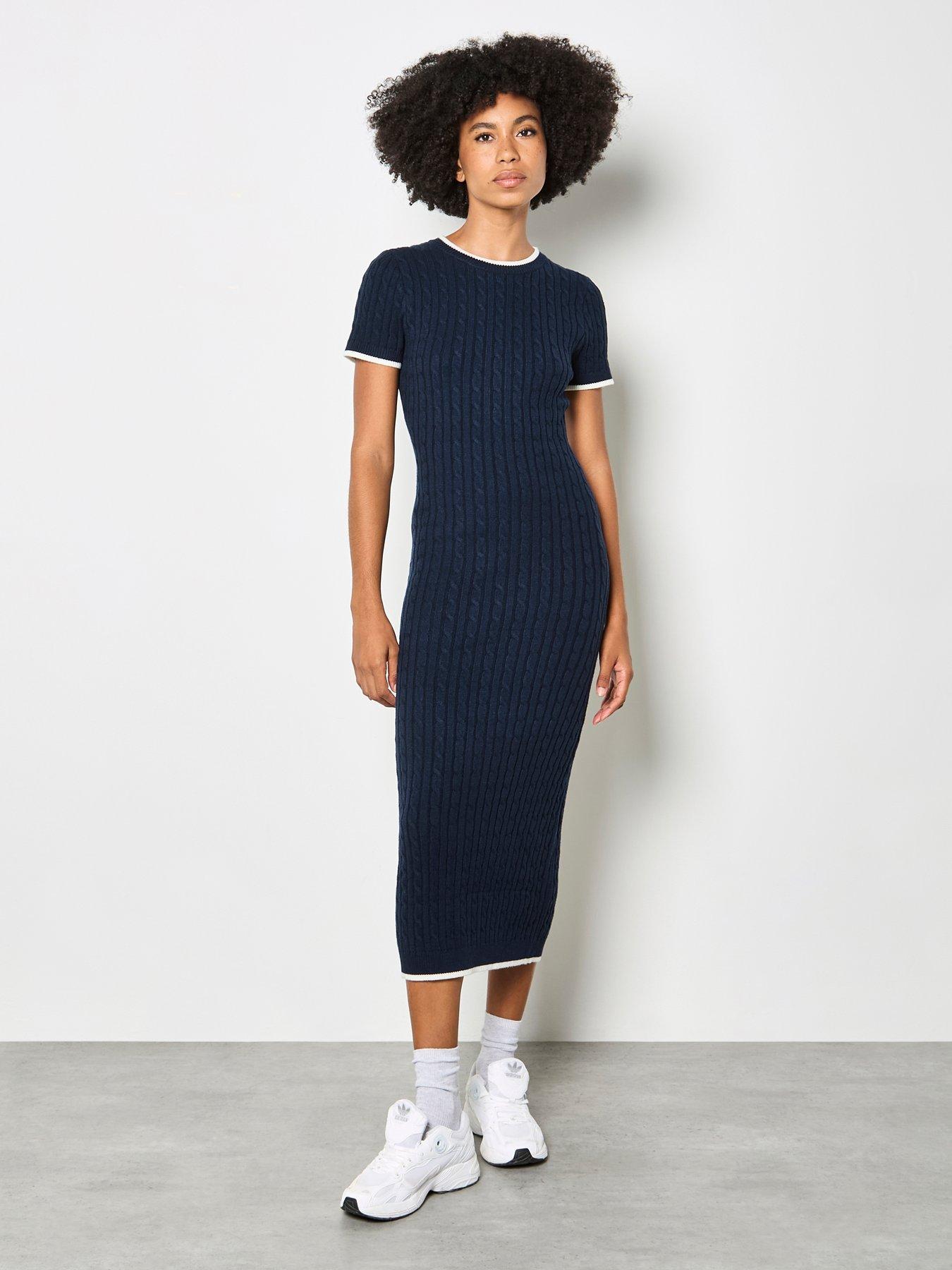 Apricot Cable Knit Contrast Trim Midi Dress - Blue