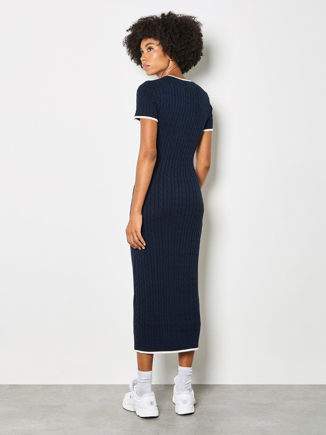 Image 2 of 4 of Apricot Cable Knit Contrast Trim Midi Dress - Blue