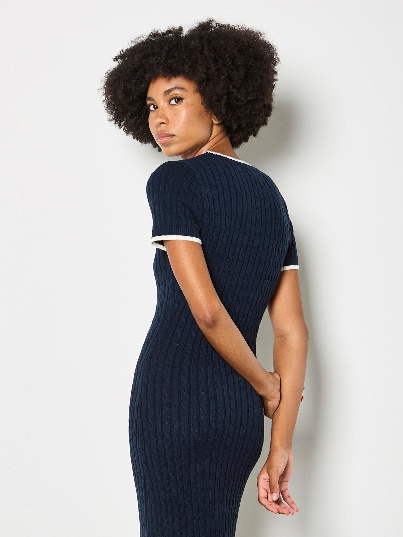 Image 3 of 4 of Apricot Cable Knit Contrast Trim Midi Dress - Blue